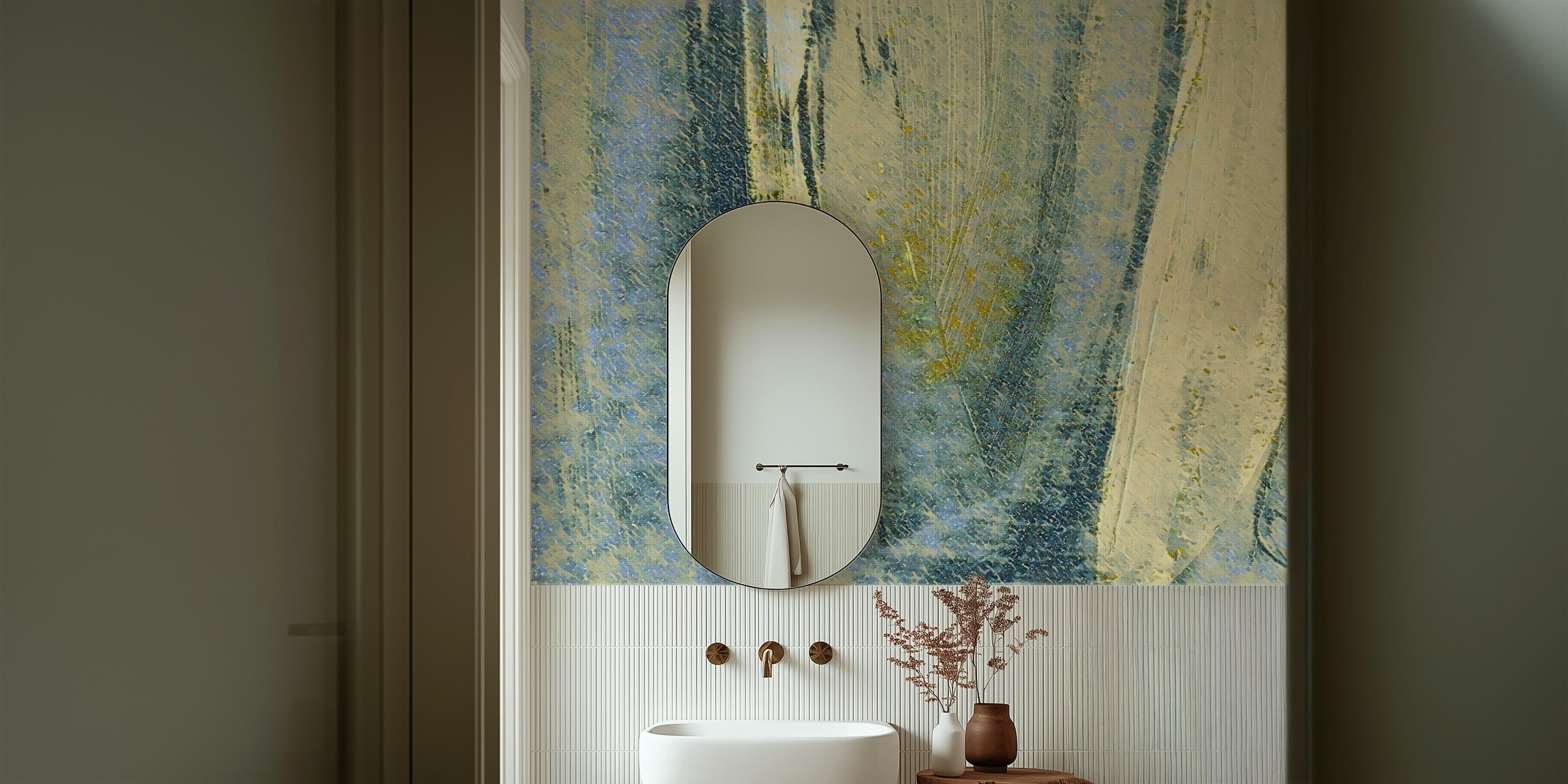 Abstract brushstroke wallpaper in blue and gold colors