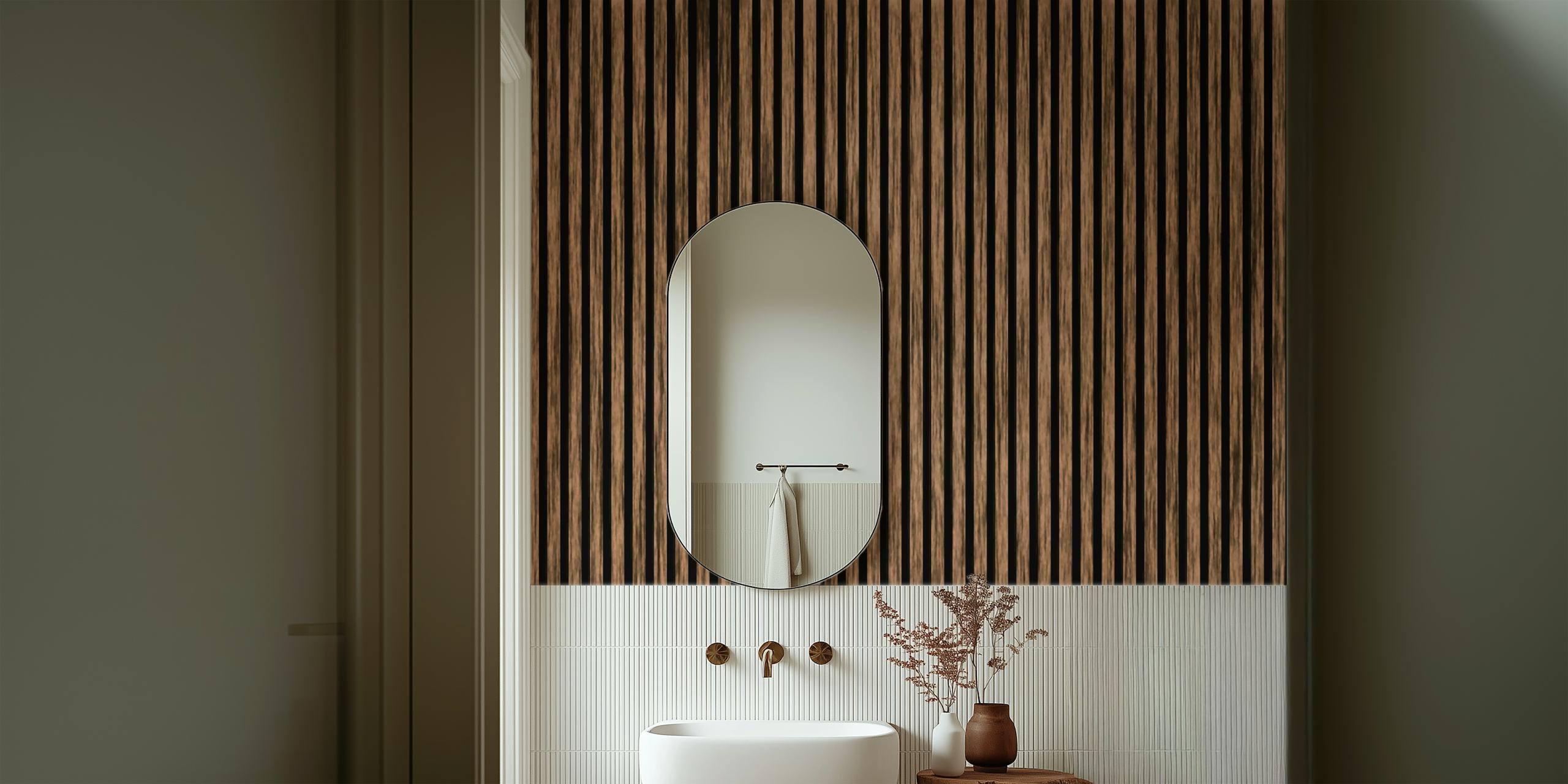 Timber-striped wallpaper in warm tones of brown and black