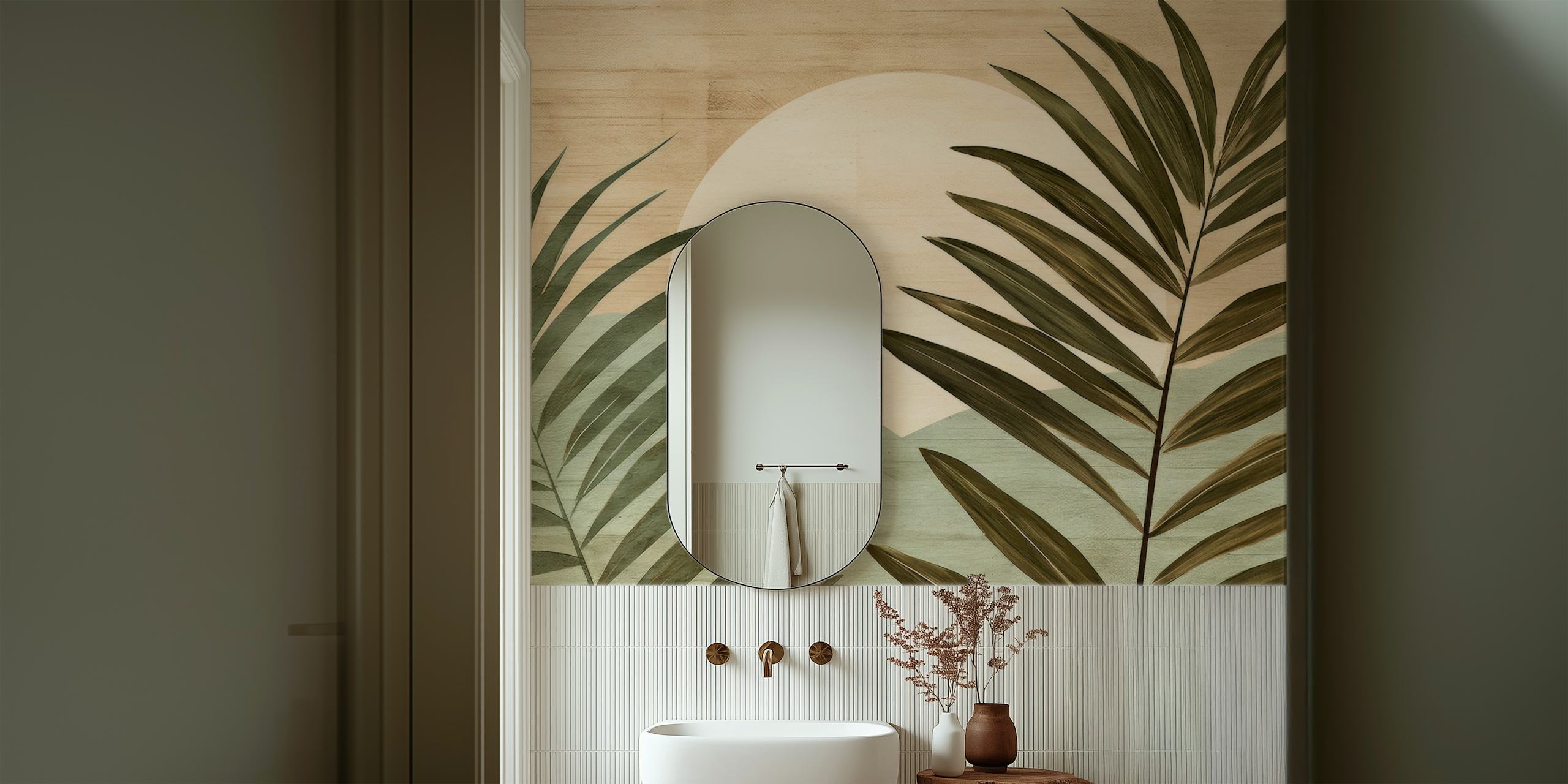 Warm Palms Panorama wallpaper displayed in a room