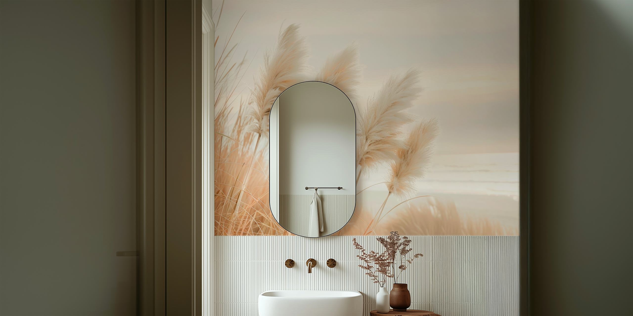 Pampas grass in soft cream tones against a serene background wallpaper