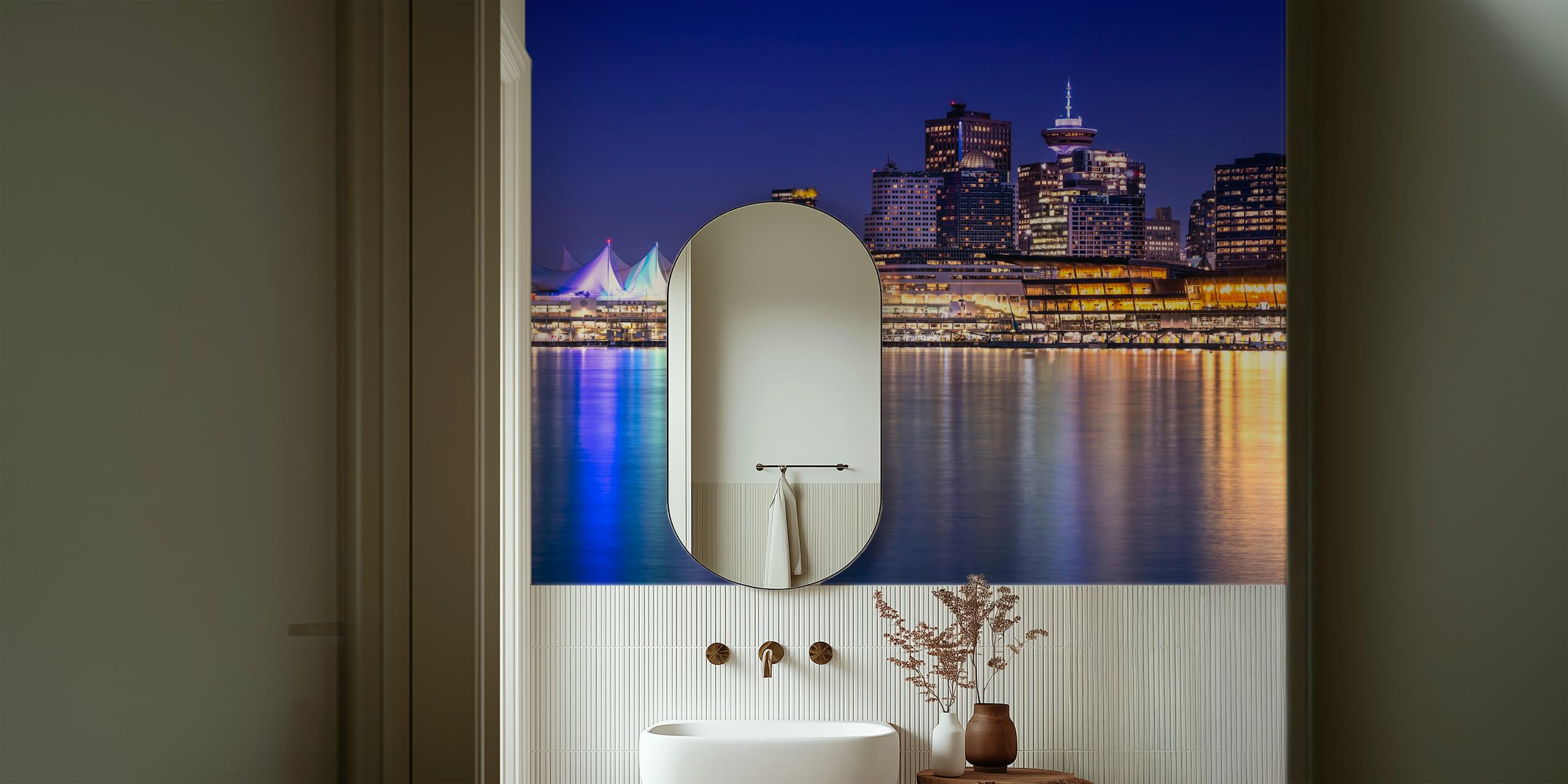 Vancouver city skyline at night with colorful lights reflecting on water wallpaper