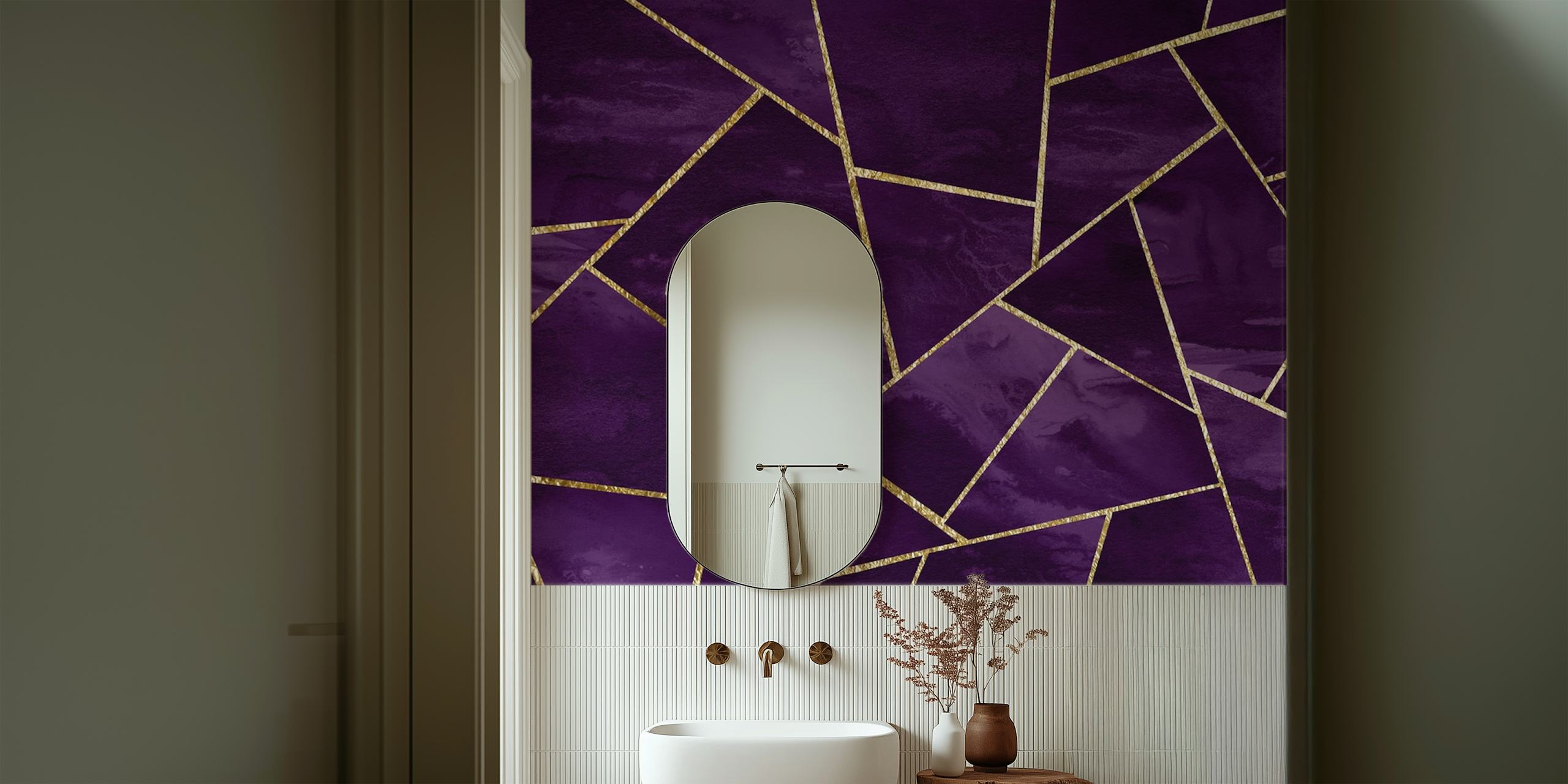 Dark purple geometric shapes with gold accents wallpaper
