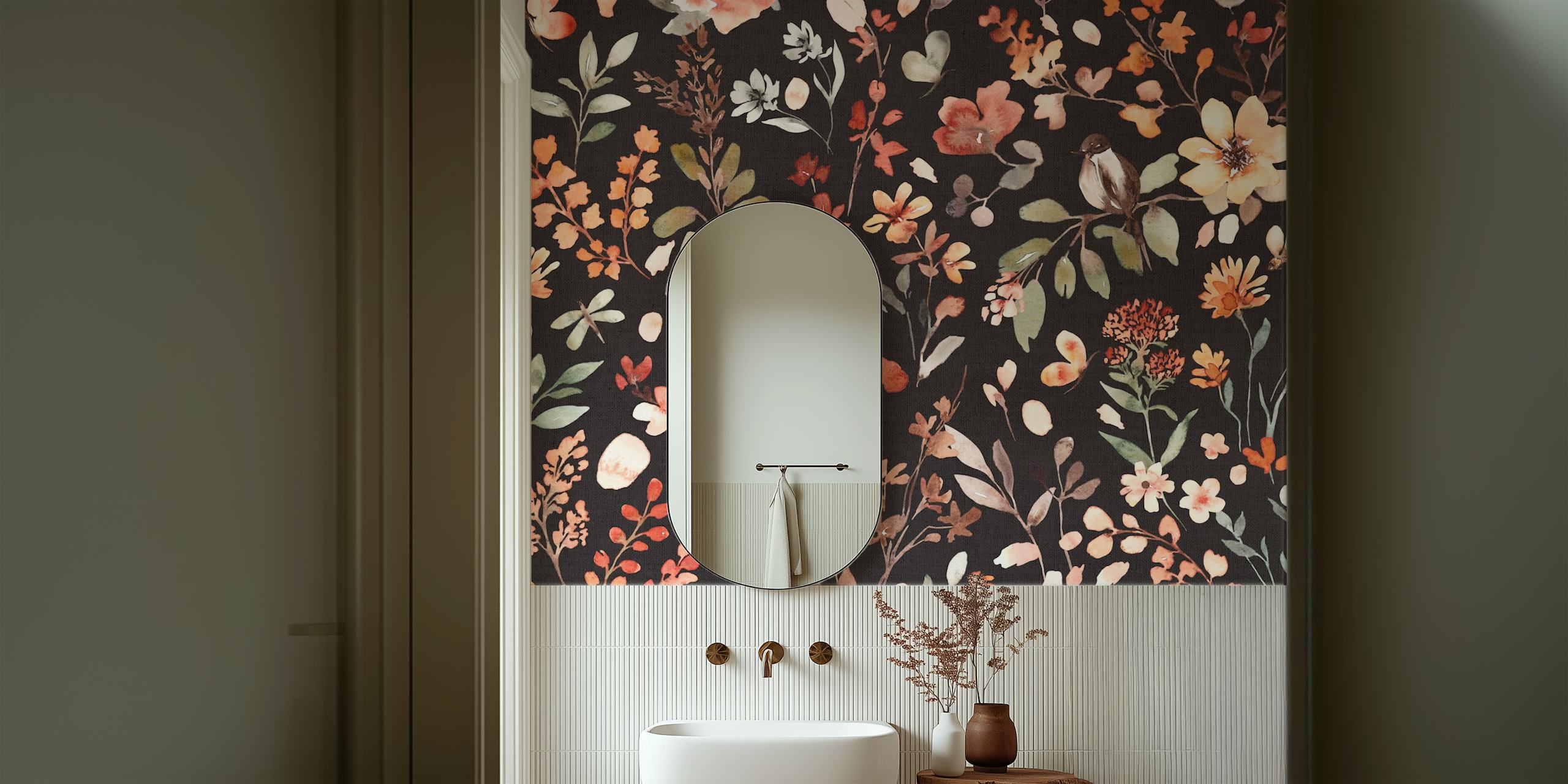 Colorful floral patterns on black wallpaper, watercolor style