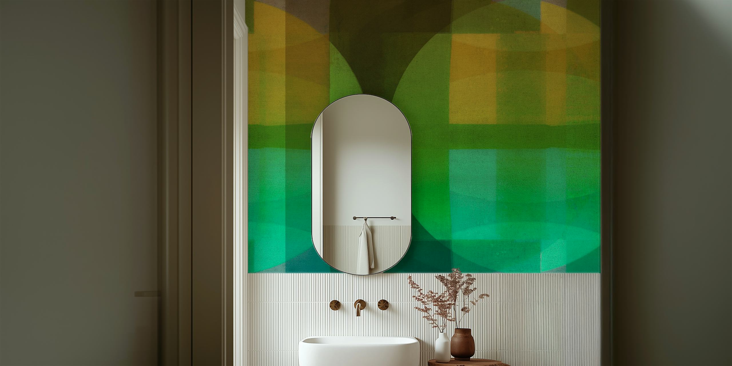 Artistic green tones blend wallpaper in a room