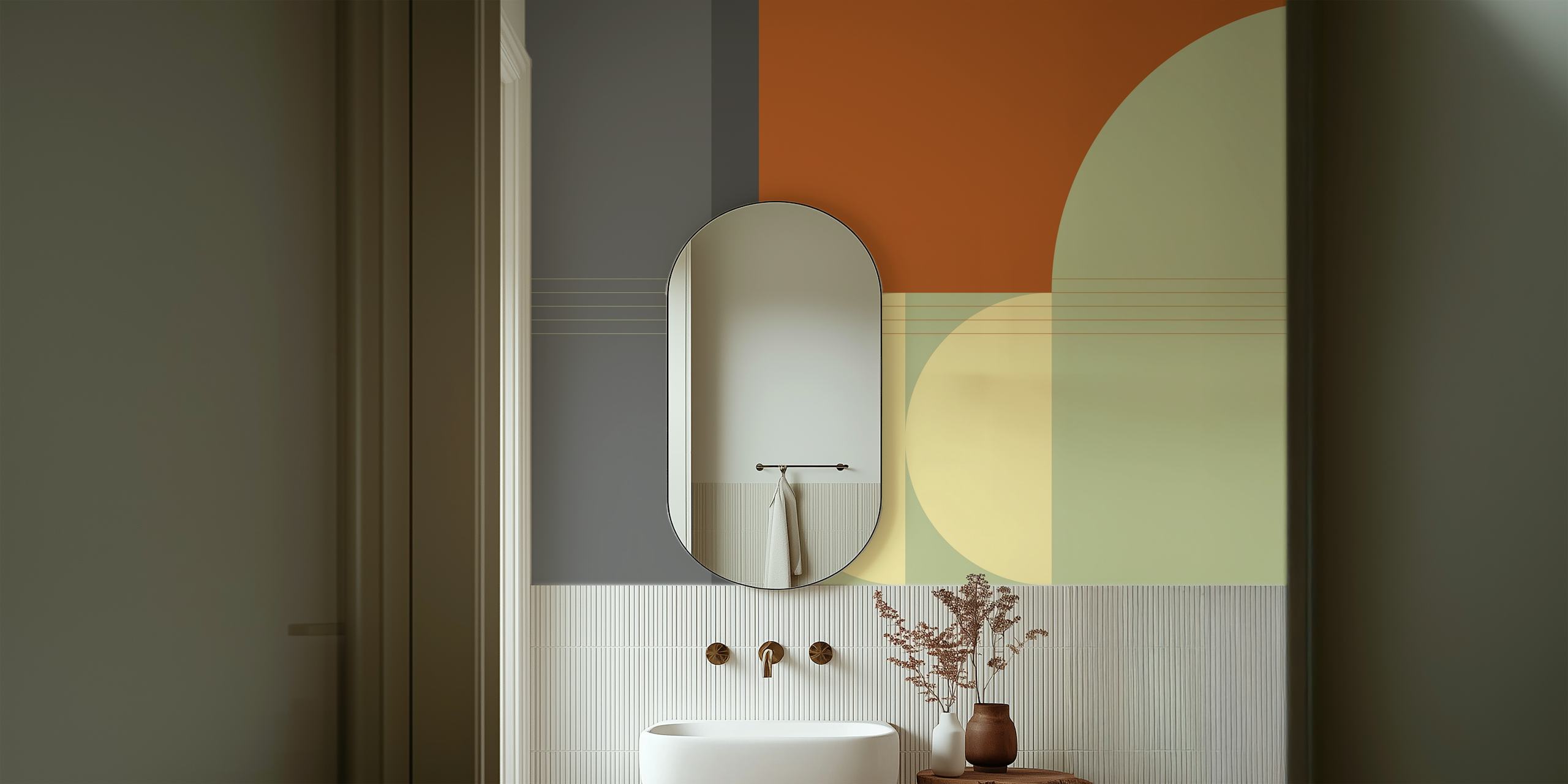Geometric shapes in earthy colors orange, green, and beige wallpaper