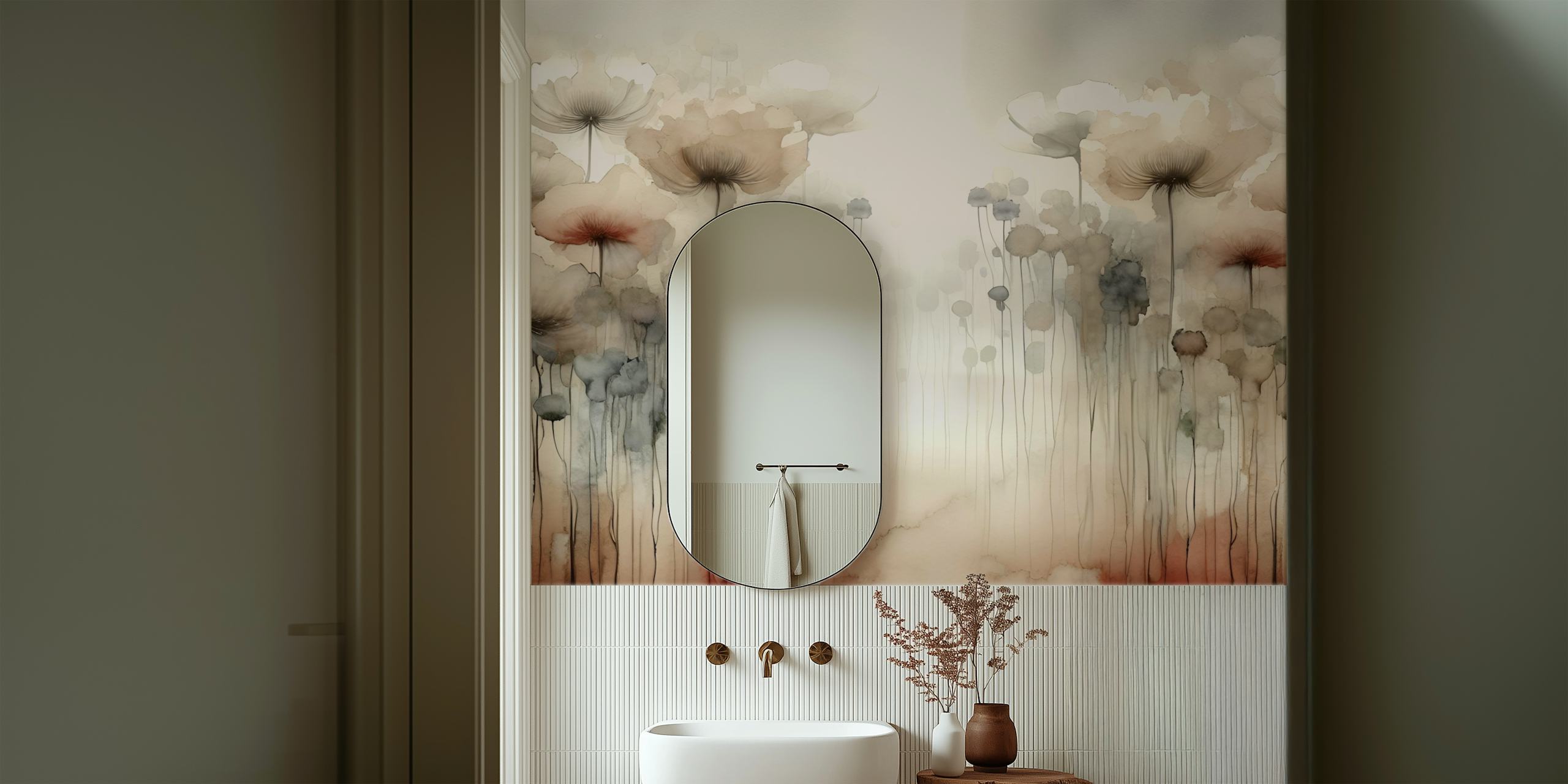 Delicate watercolor floral wallpaper in soft beige and grey tones