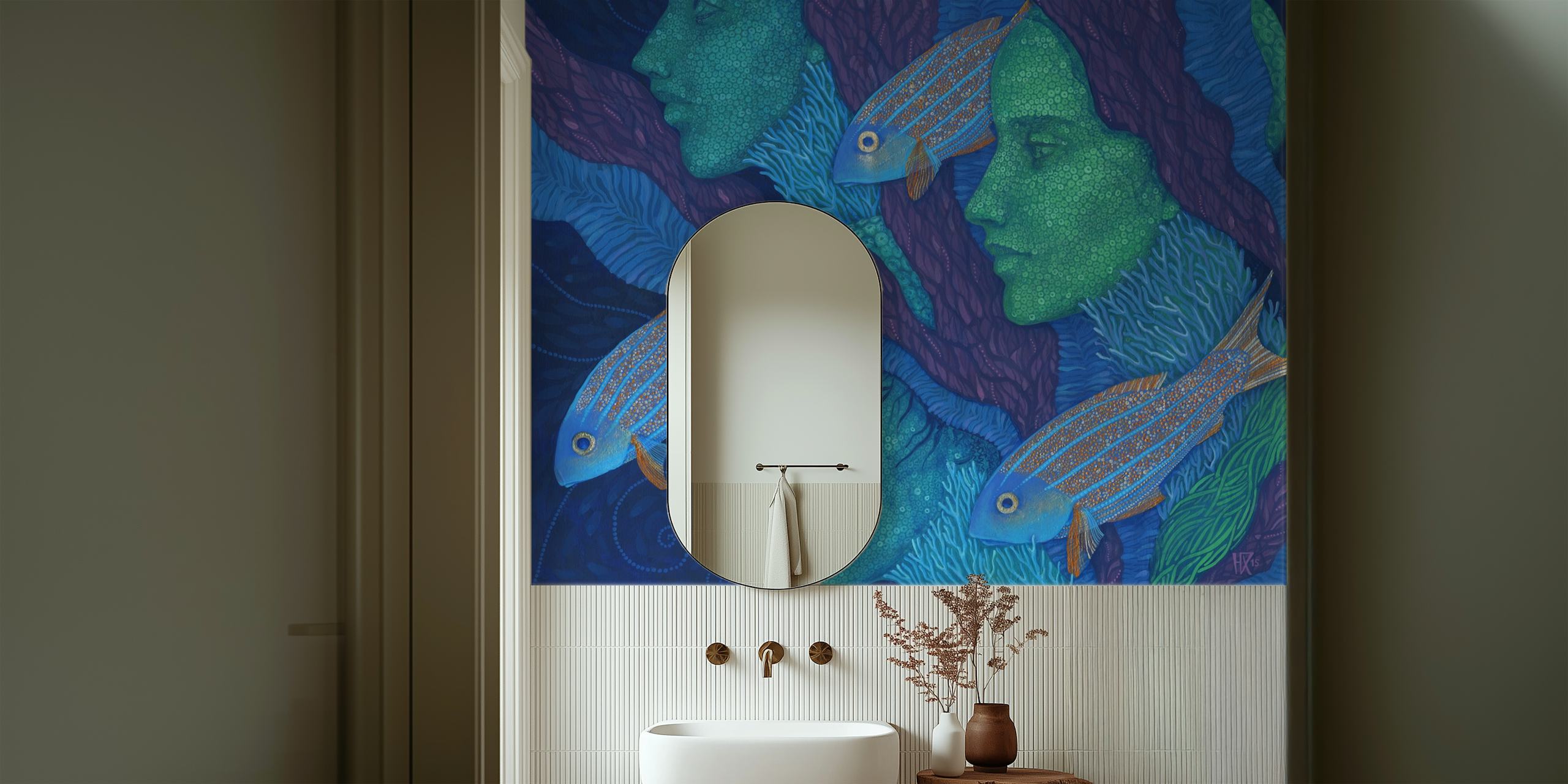 Mermaids and fish in vibrant blue and green colors wallpaper