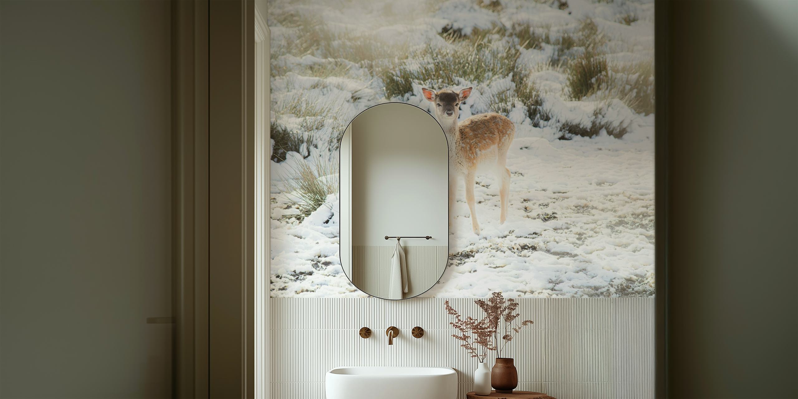 Cute little fawn in wintery setting