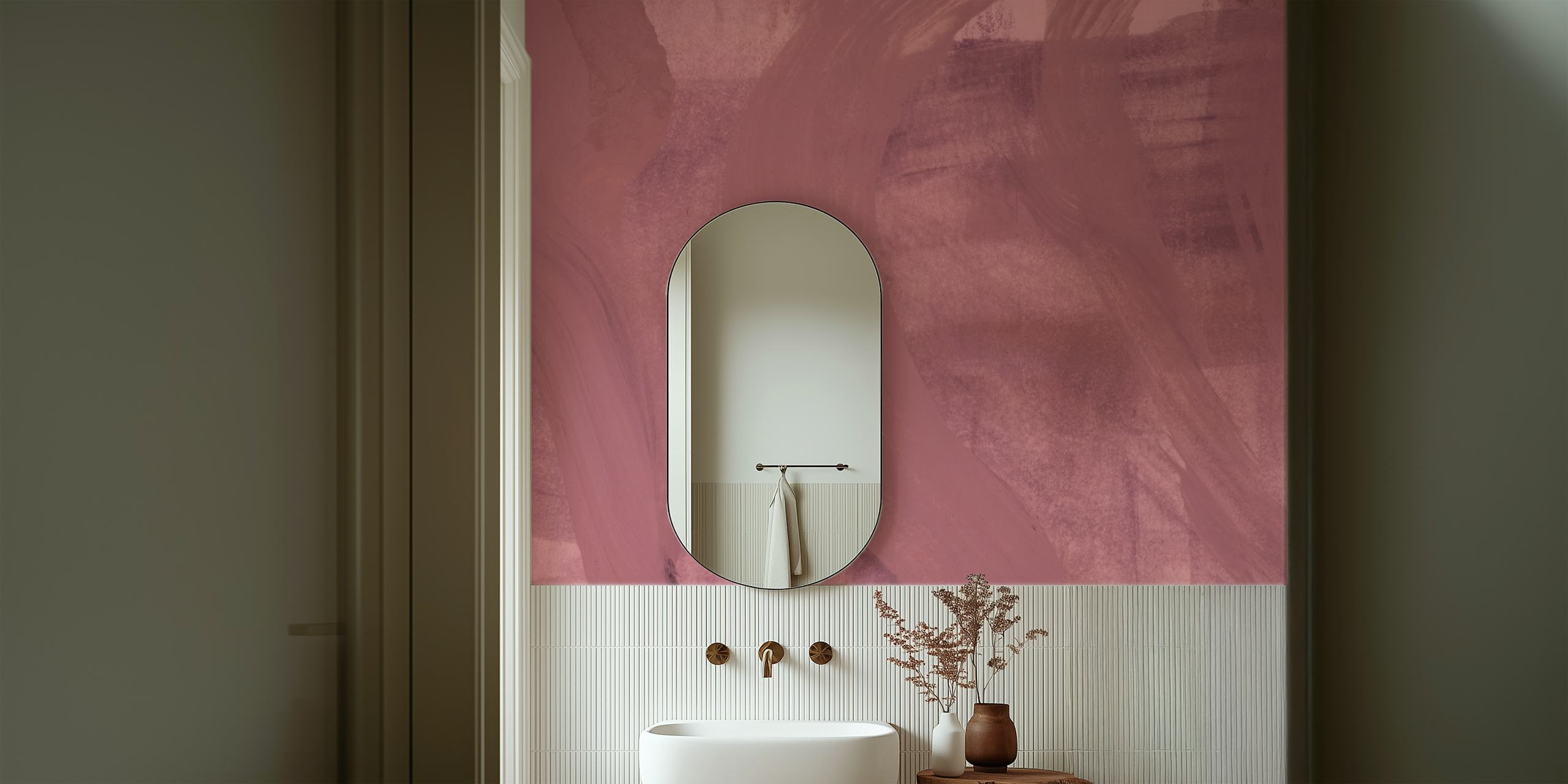 Soft dusty pink strokes behang in een kamer