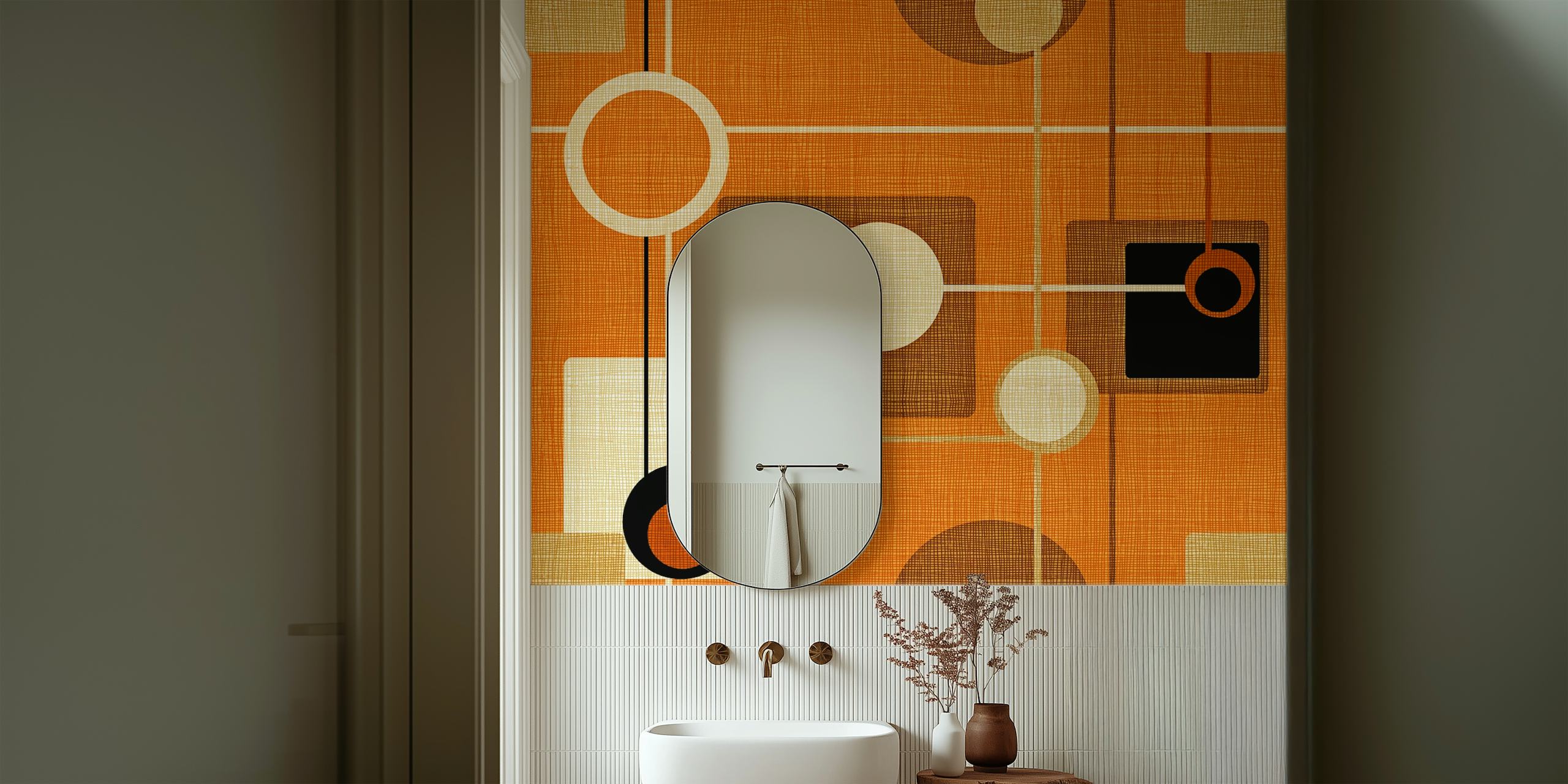 Mid-Century Style Motif tapet i orange og creme