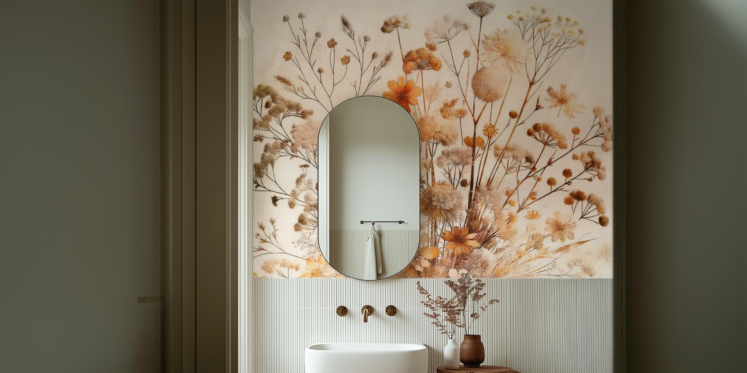 Dried autumn flora with delicate flowers and stems in warm beige and brown tones wallpaper