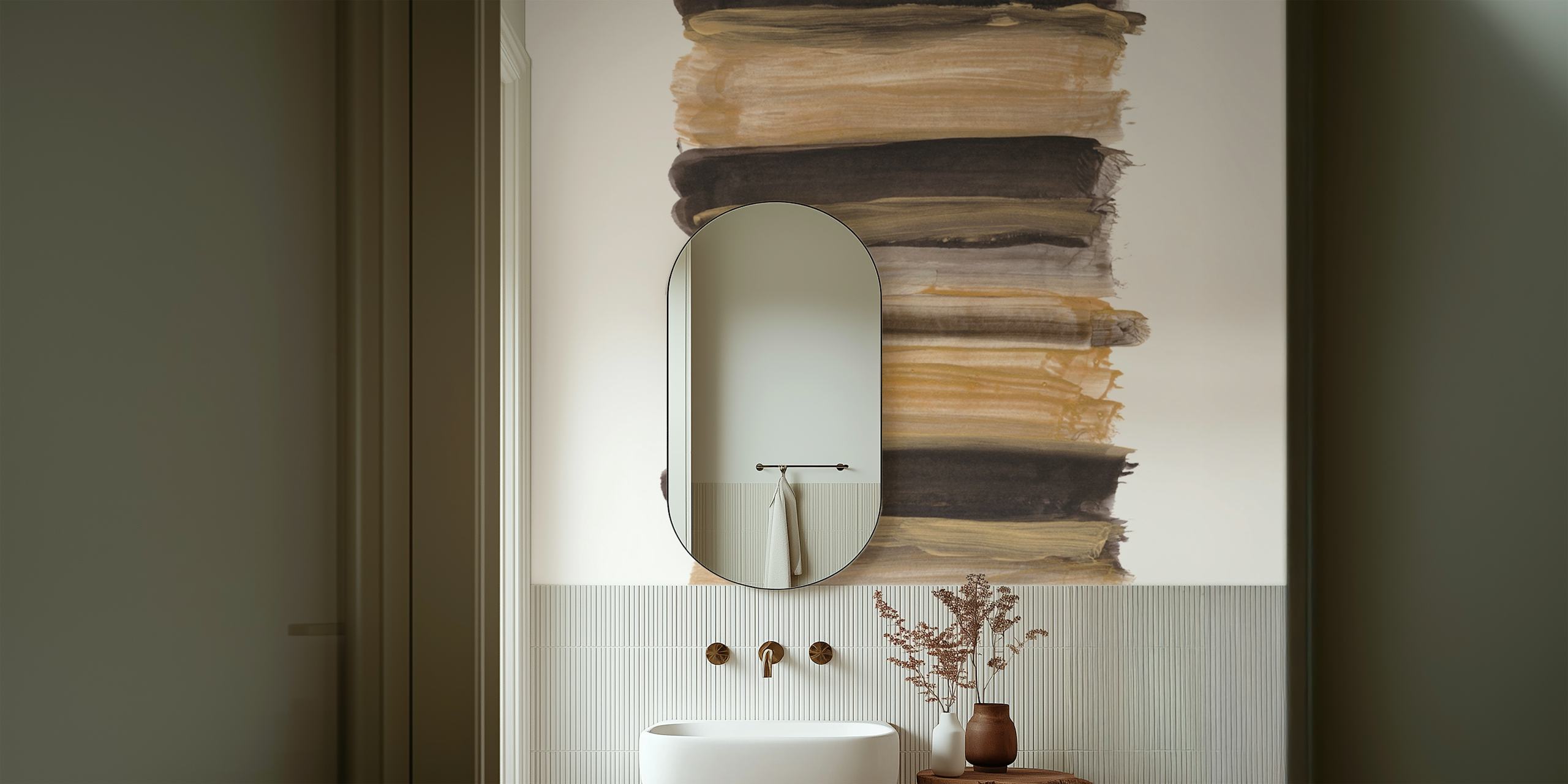 Abstract brushstroke pattern in black, taupe, and beige wallpaper