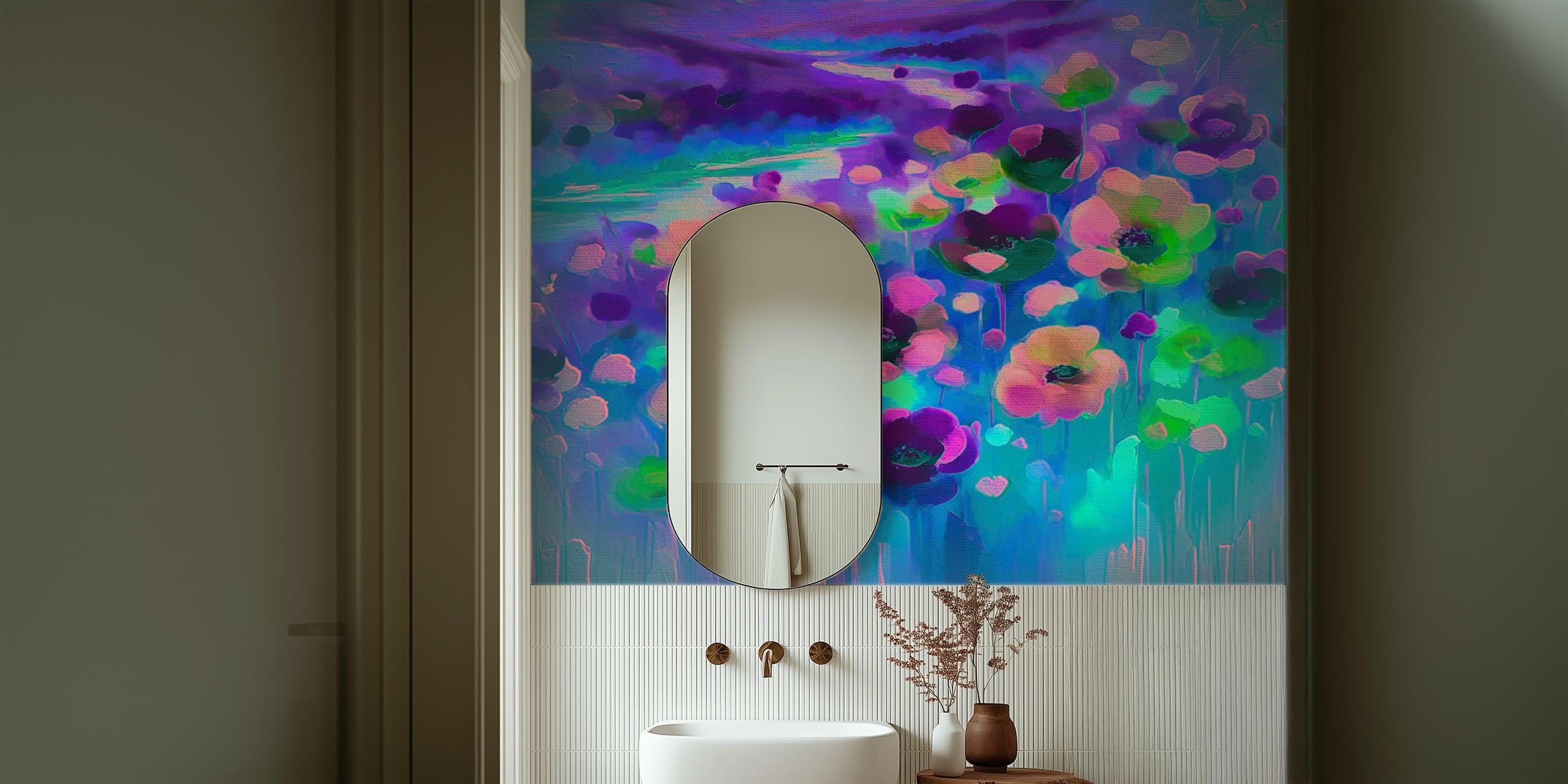 Värikäs kukkatapetti huoneessa