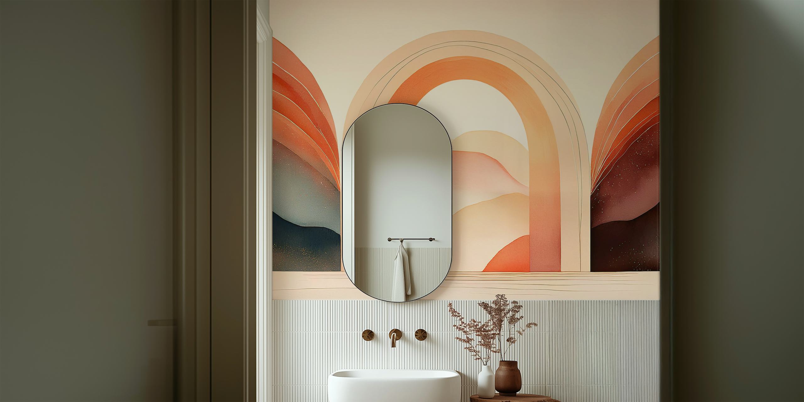 Serene landscape arches wallpaper in a room