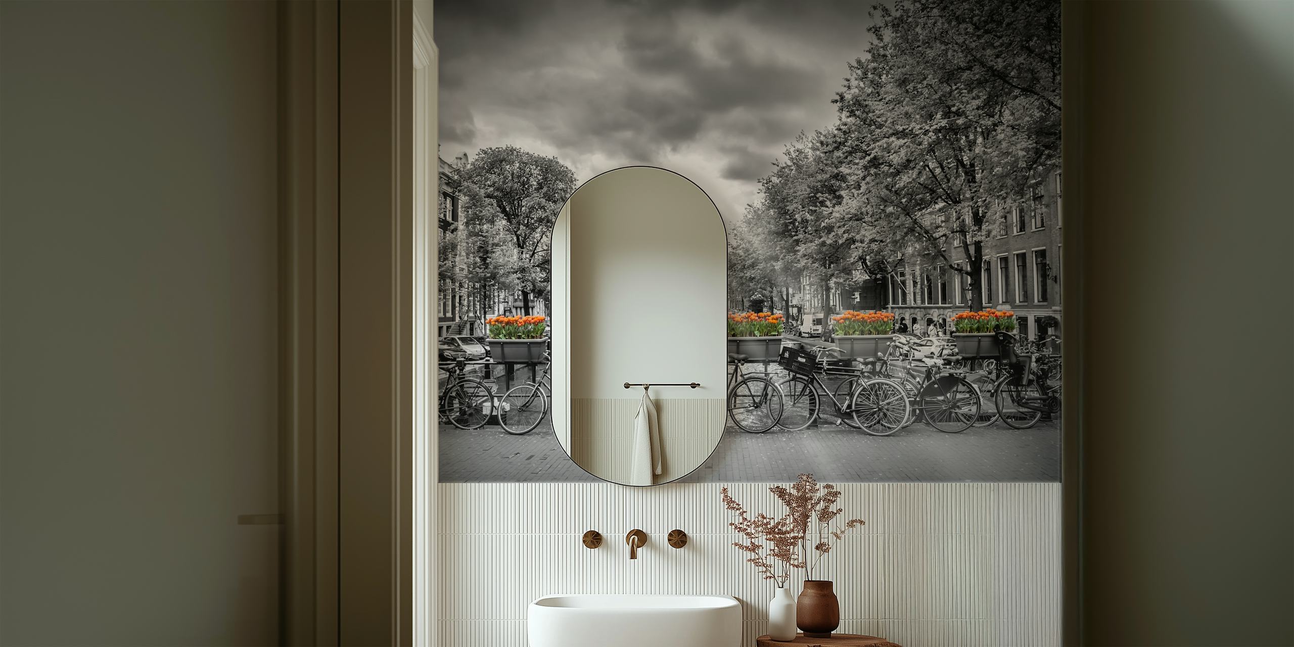 Black and white cityscape with bikes and flower pots in orange wallpaper
