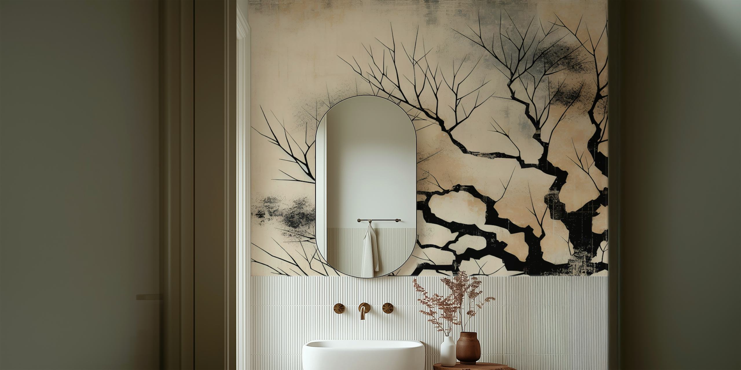 Papel pintado Japandi Forest Abstract en una habitación