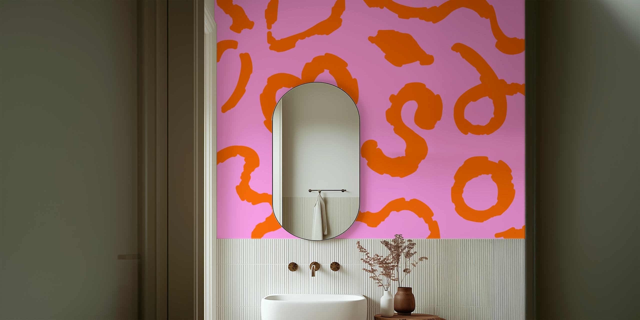 Coral swirls pattern in orange on pink background wallpaper