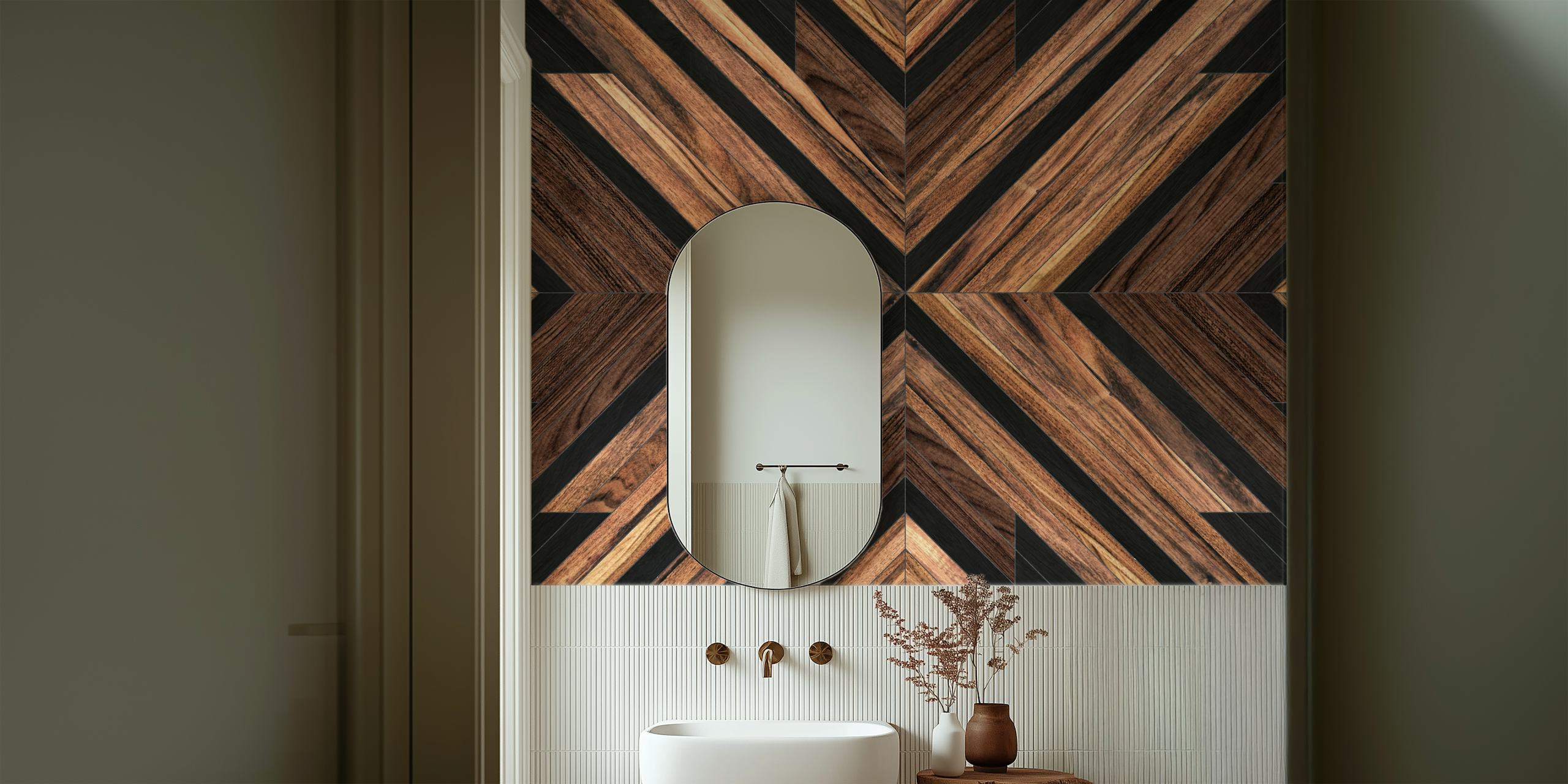 Geometric wood pattern in brown and black tones wallpaper