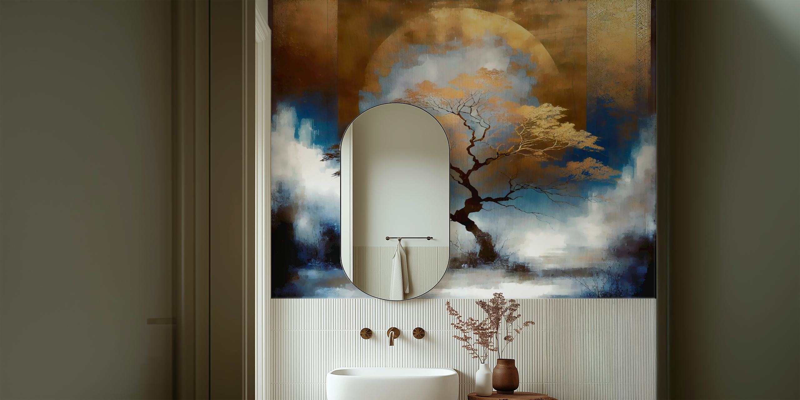 Silhouetted tree against a blue and gold night sky wallpaper