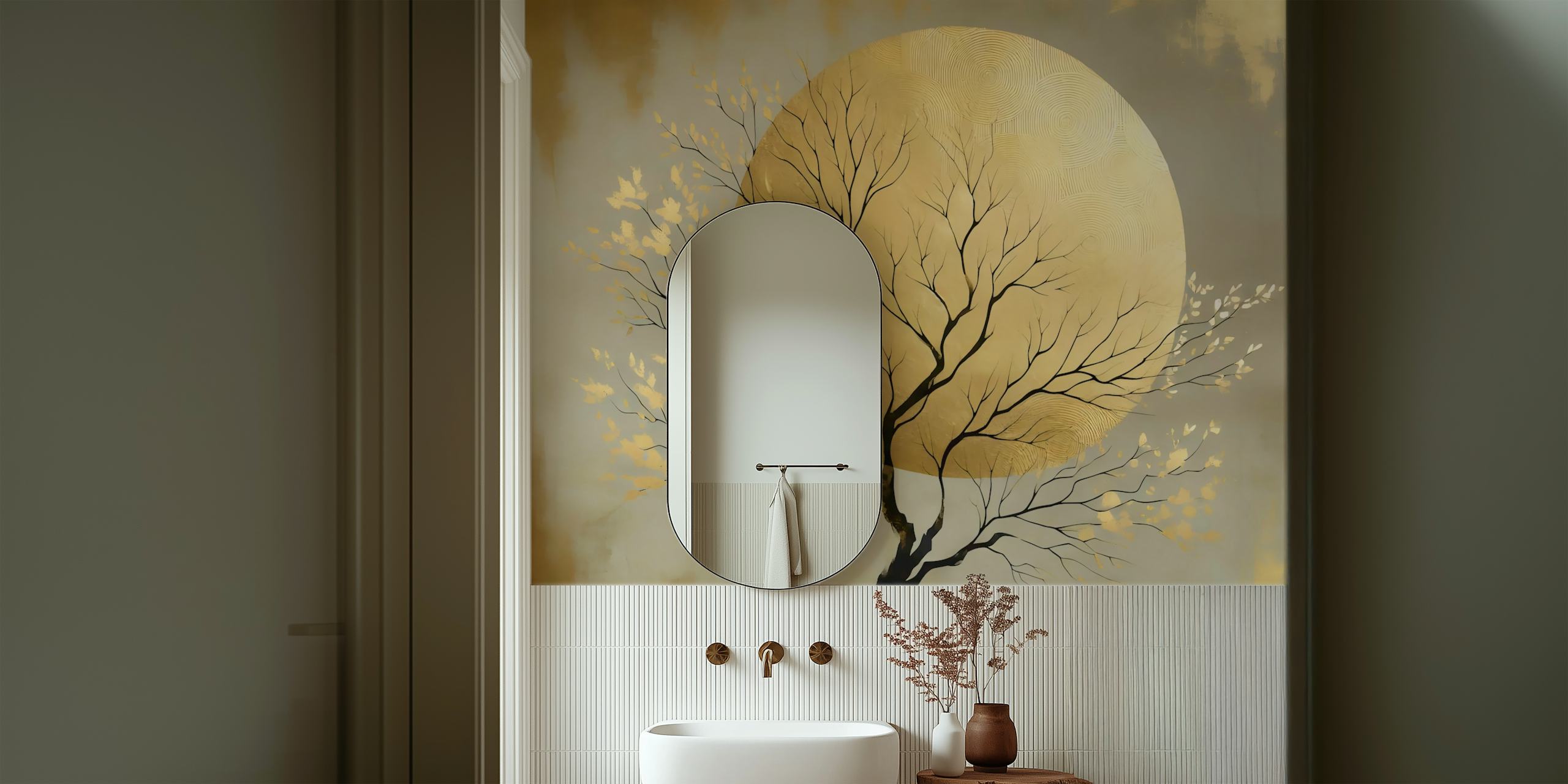 Black tree branches with gold leaves against a golden moon wallpaper