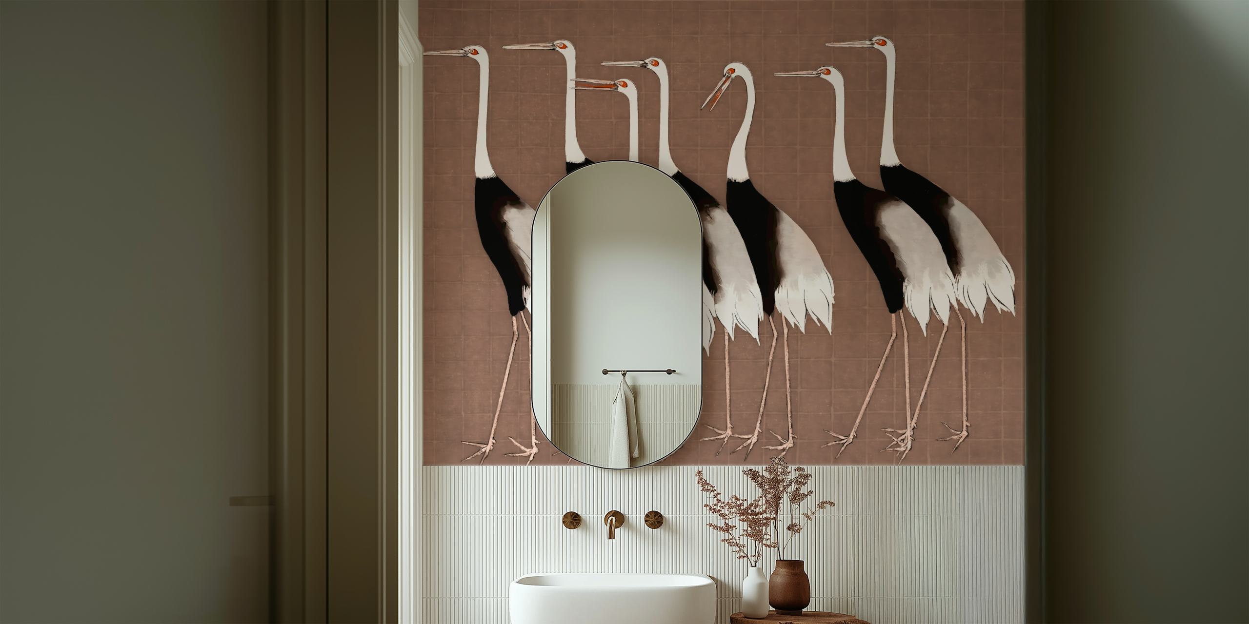 Japan Cranes on Mocha Mousse wallpaper design