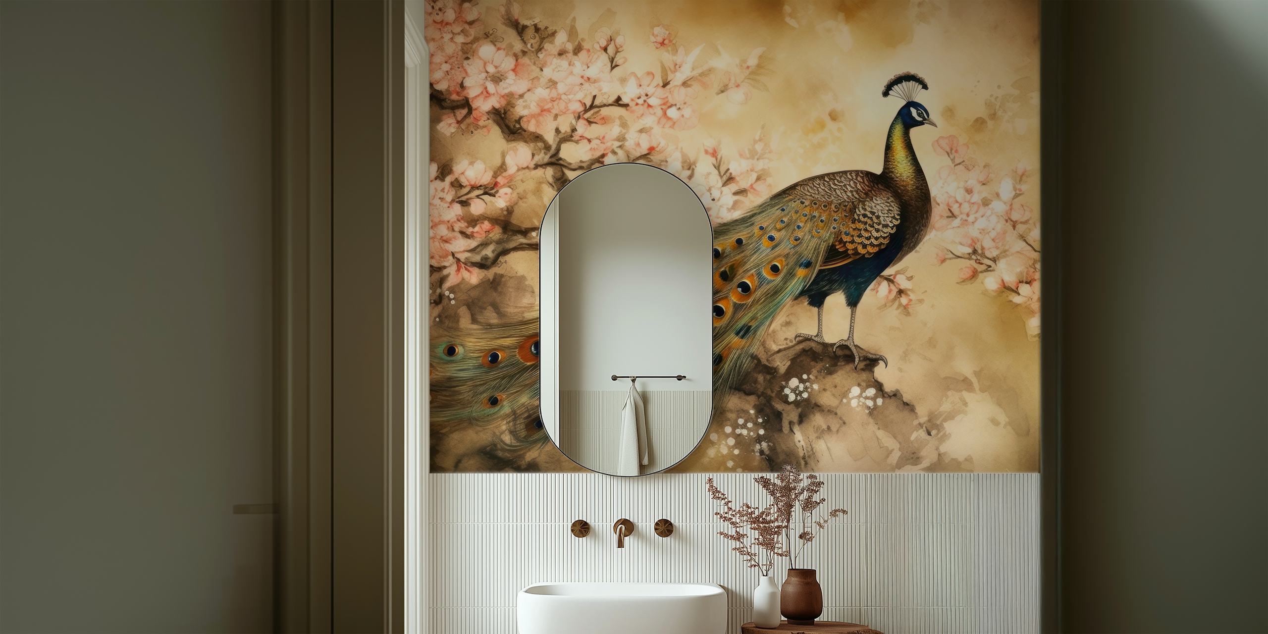 Vintage Peacock Garden wallpaper in a room