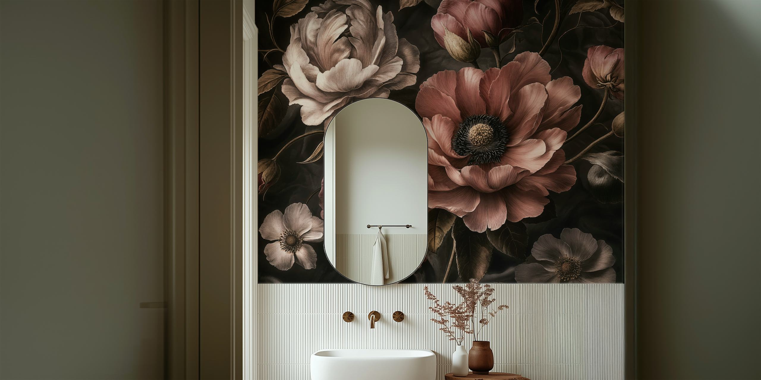 Moody Midnight Victorian Flowers wallpaper in a room