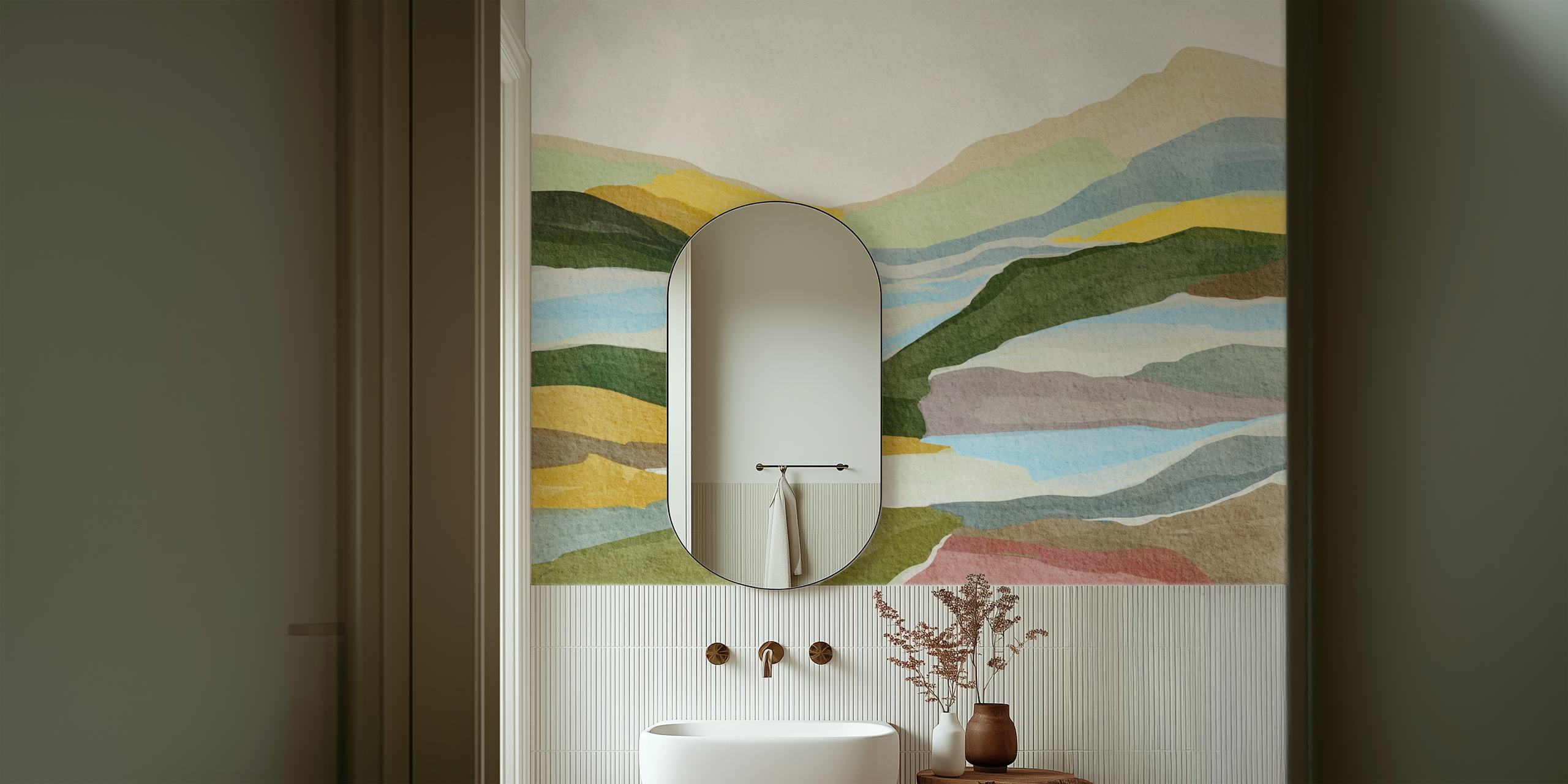 Soothing landscape wallpaper in a room