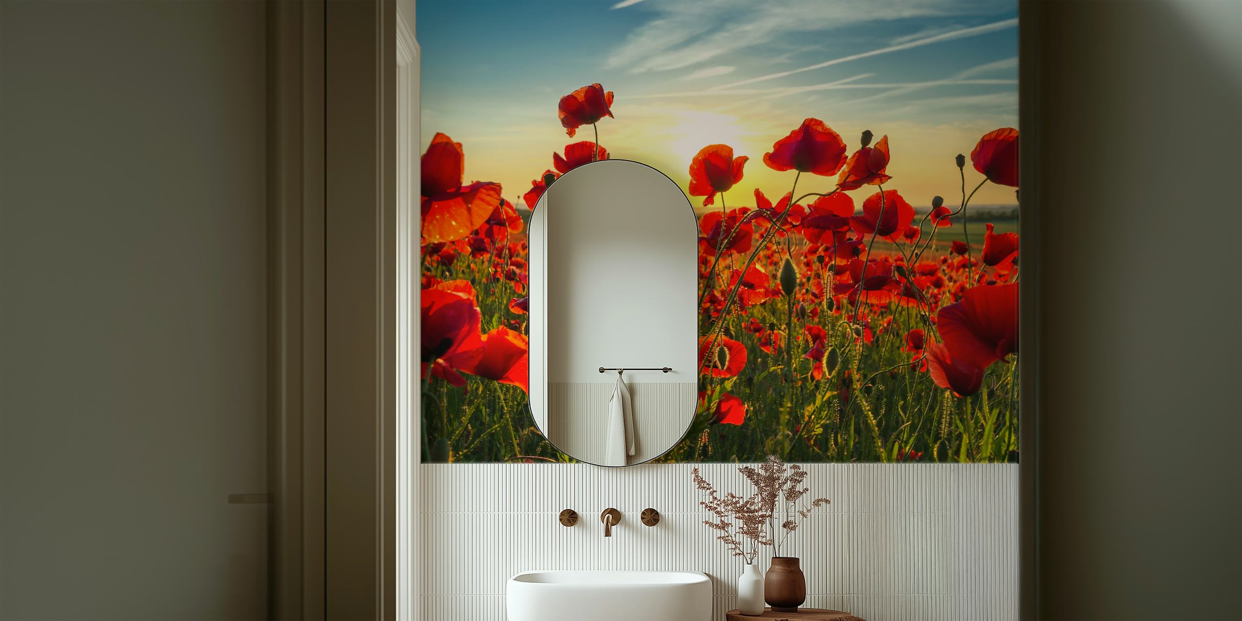 Carta da parati Papaveri in estate con fiori rossi brillanti e cielo blu