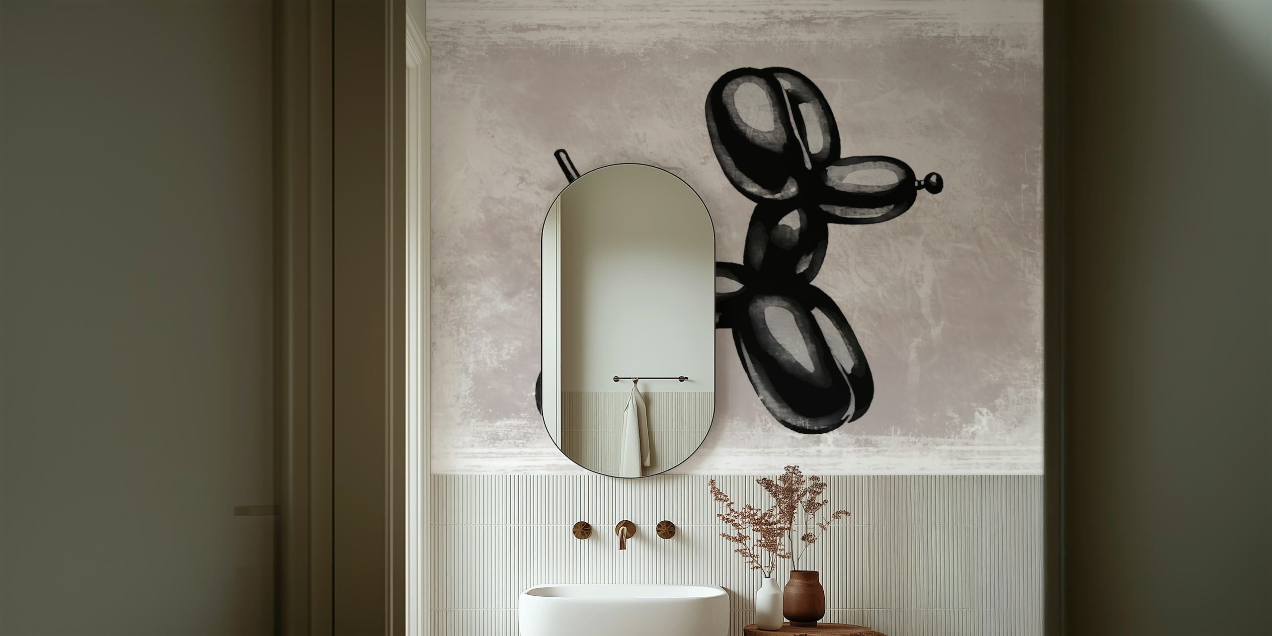 Black balloon dog illustration against a textured gray background wallpaper