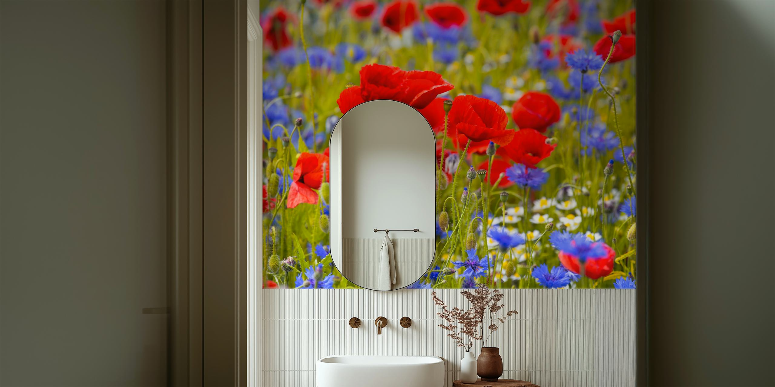 Red poppy flowers and blue cornflowers in a green field wallpaper