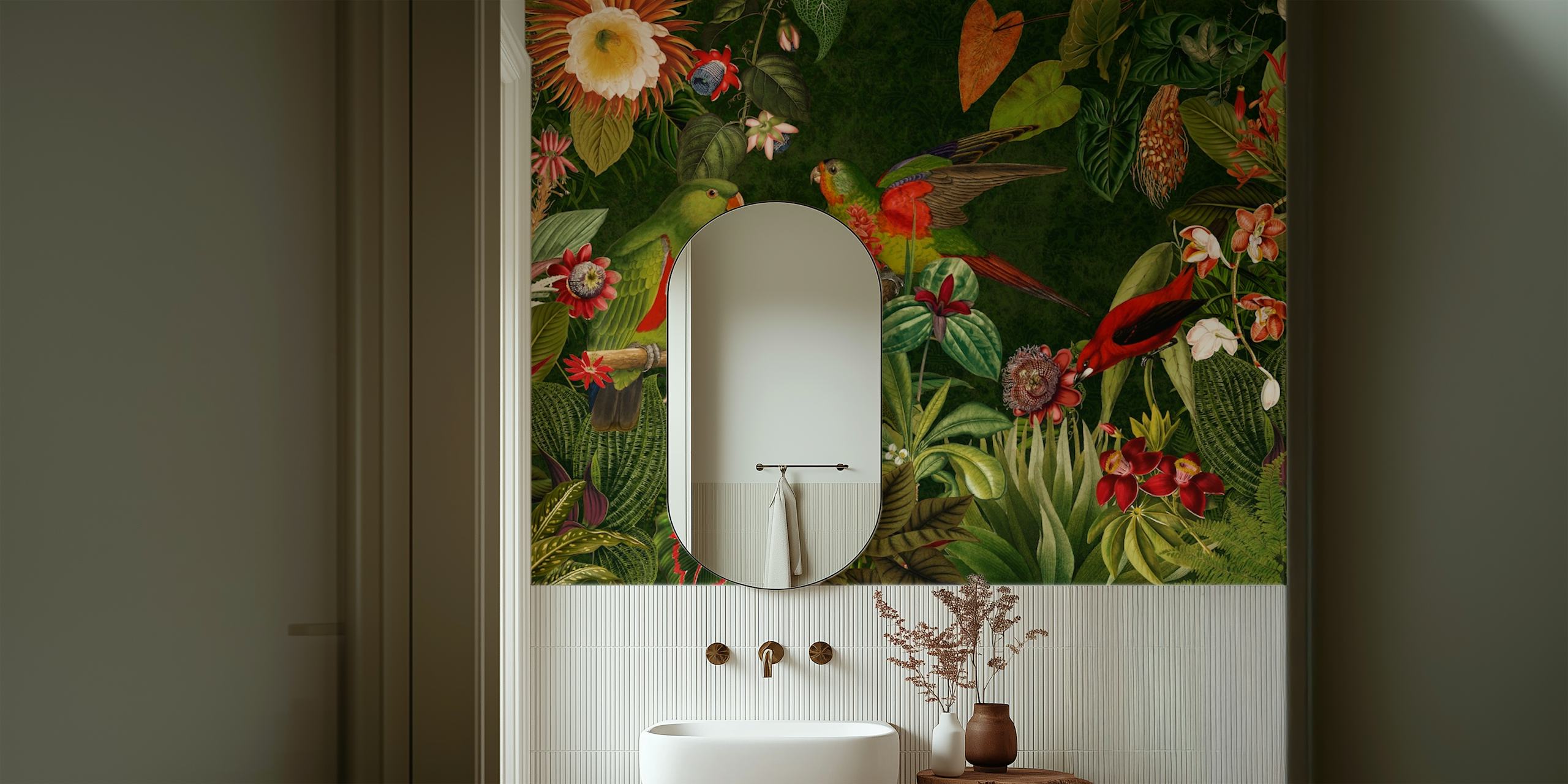 Vibrant vintage rainforest birds wallpaper on display