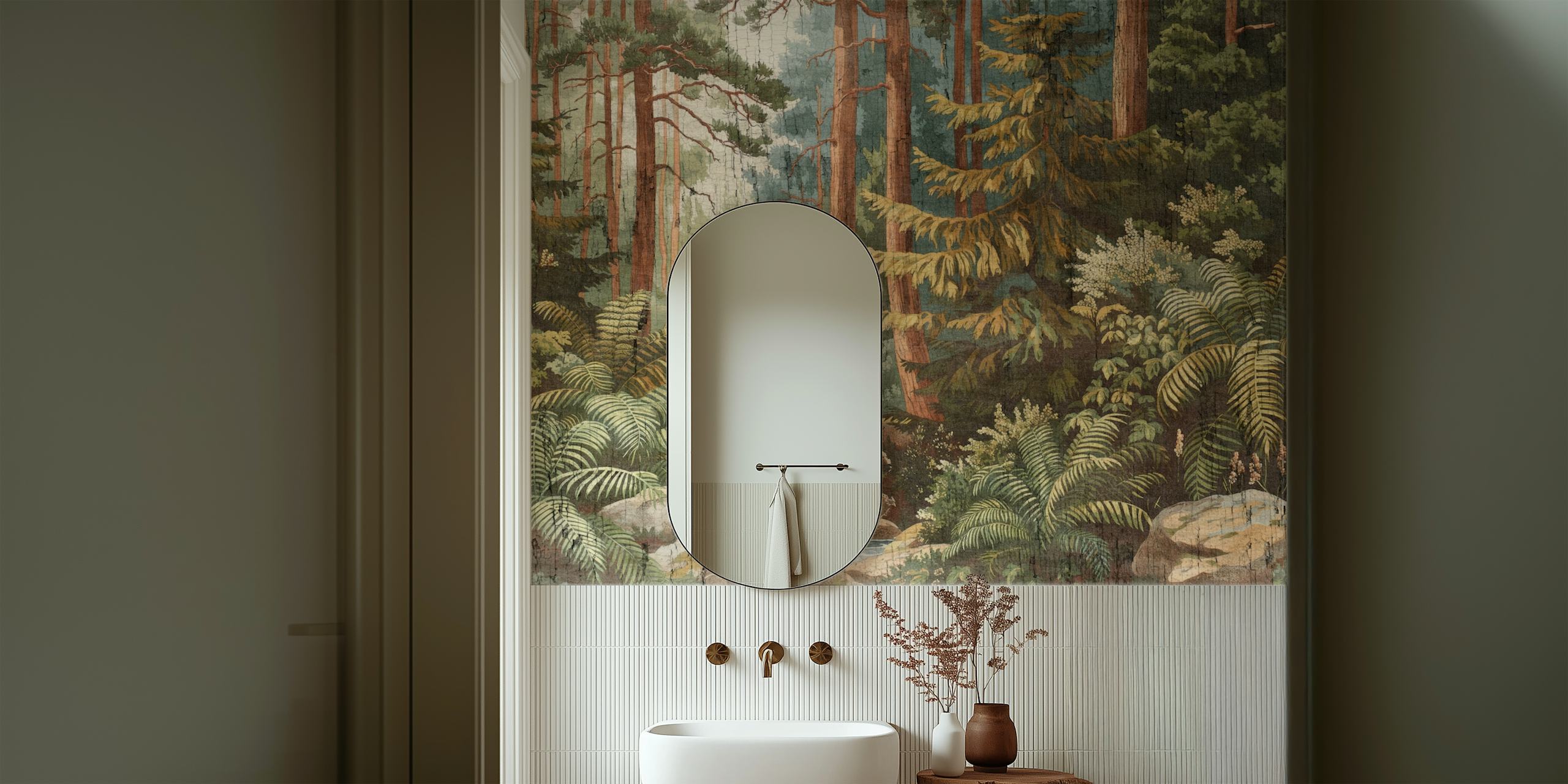 Wooded landscape with tall trees, ferns, and a stream wallpaper