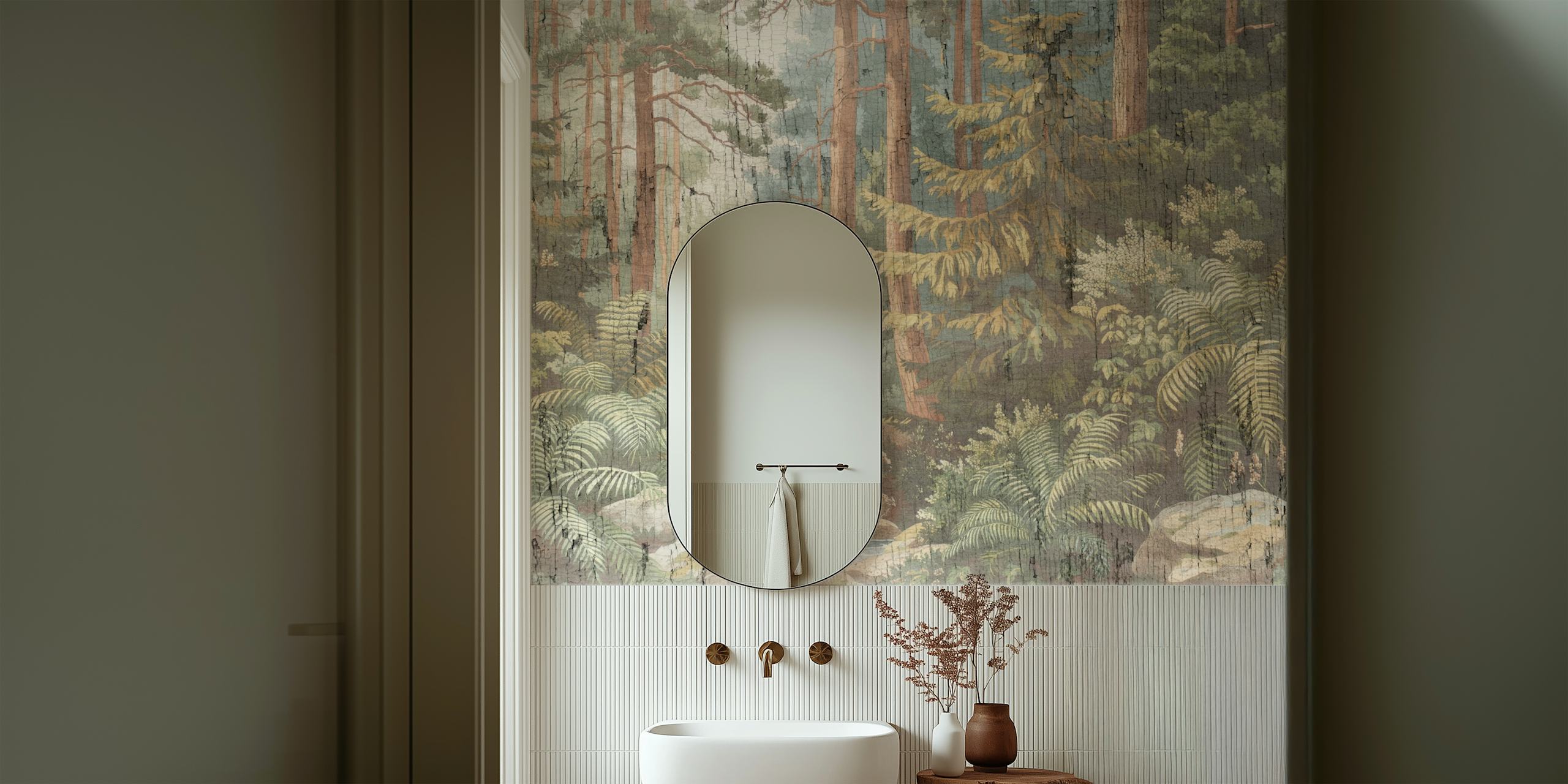 Woodland landscape with trees, ferns, waterfall; rustic style wallpaper