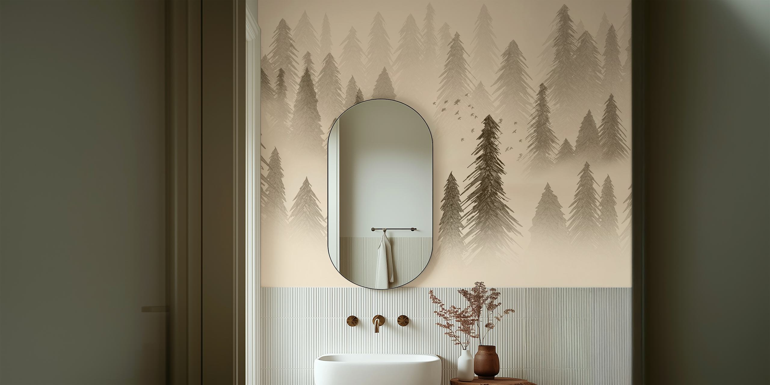 Tree silhouettes in sepia tones with misty background wallpaper