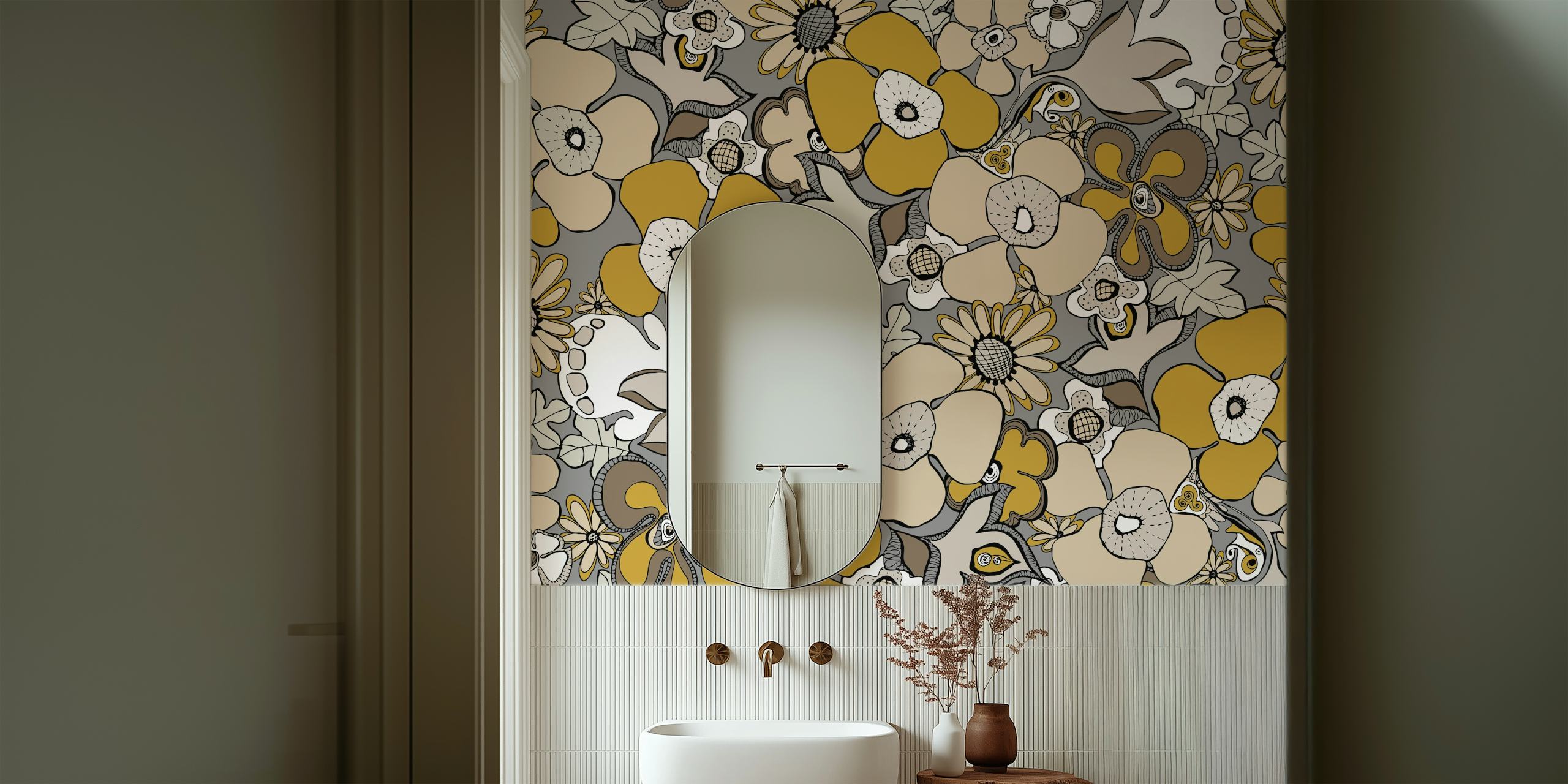 Floral Doodles grey mustard ταπετσαρία σε ένα δωμάτιο
