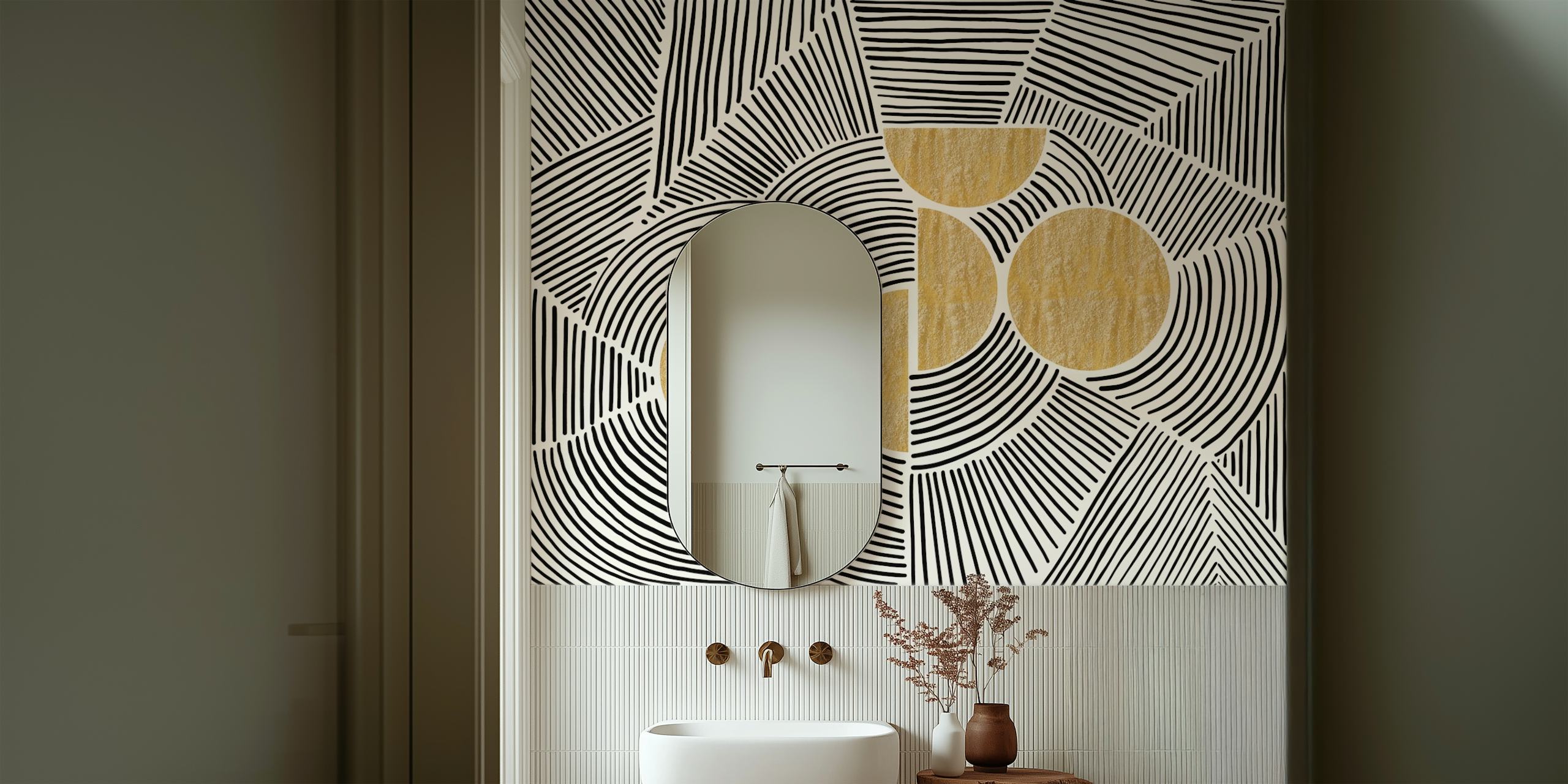 Geometric black and gold patterns with lines and circles wallpaper