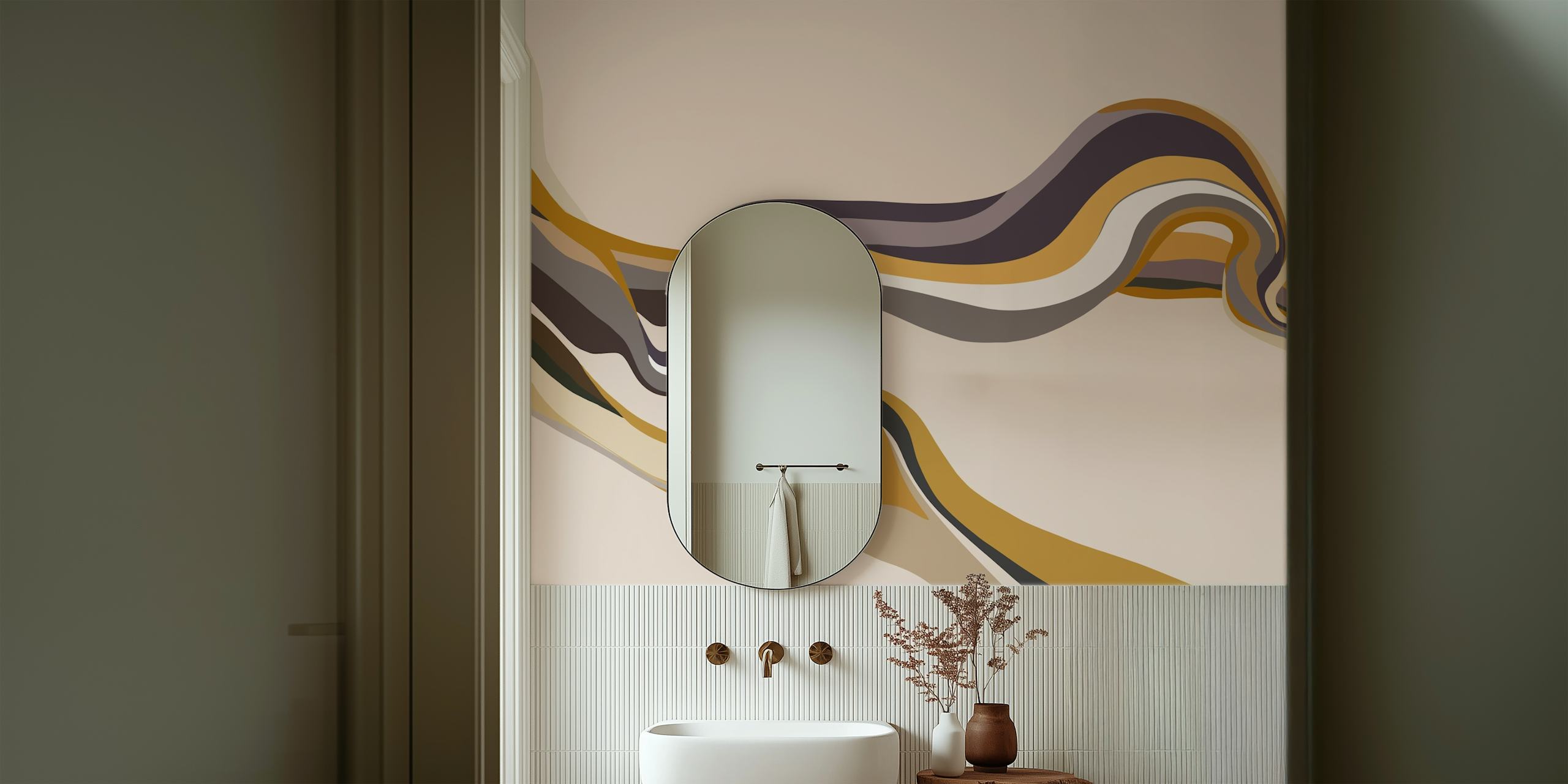 Warm organic flow wallpaper design displayed in a room