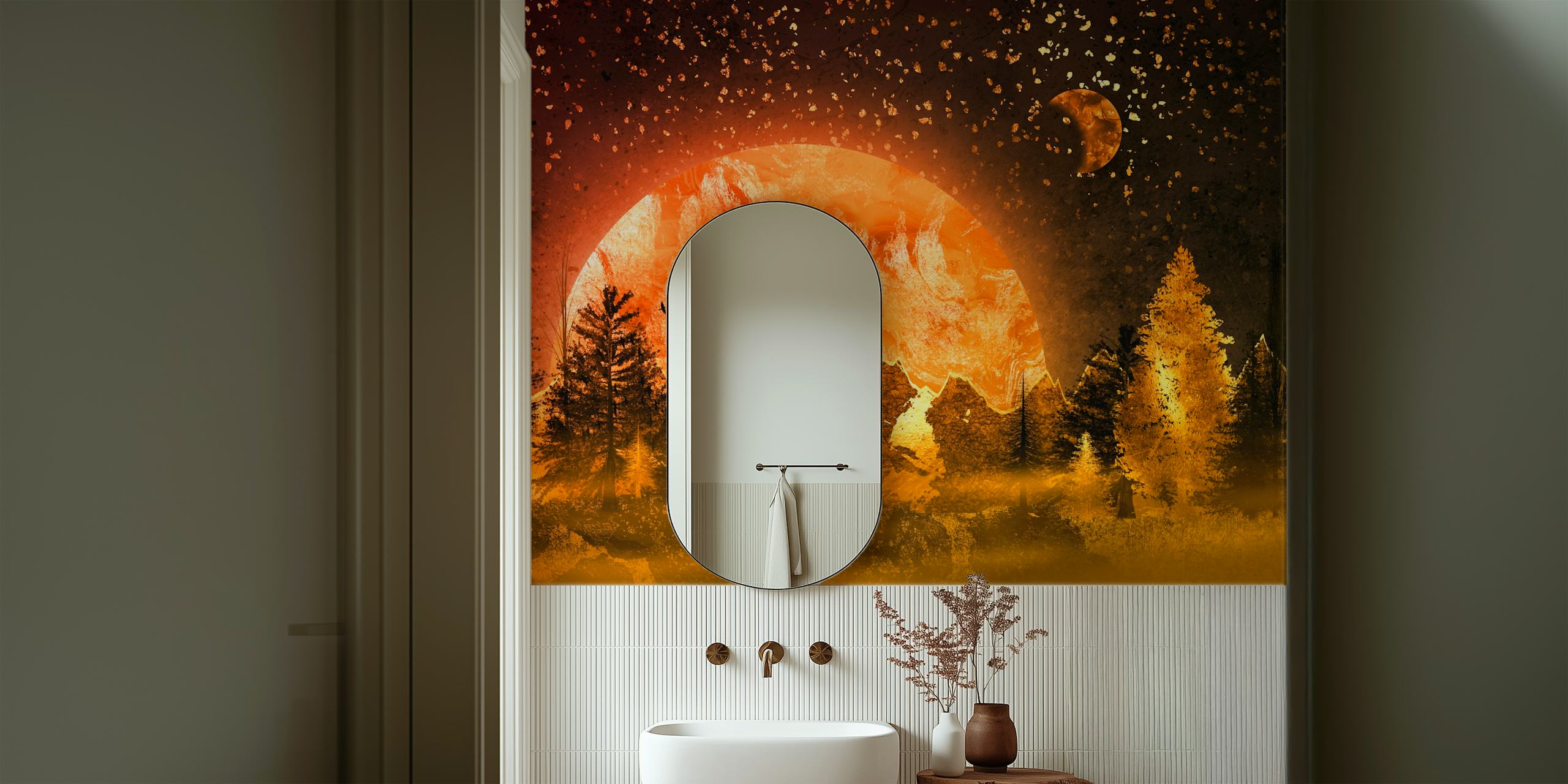 Mountain landscape with orange and gold hues, trees and moon wallpaper