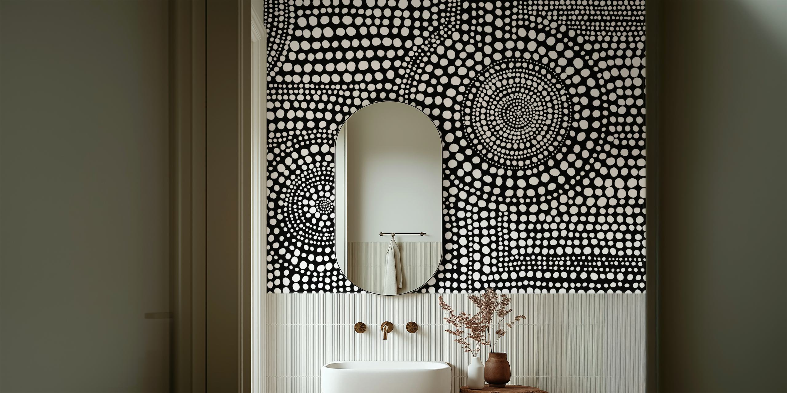 Black and white dotted pattern wallpaper featuring circular and abstract designs
