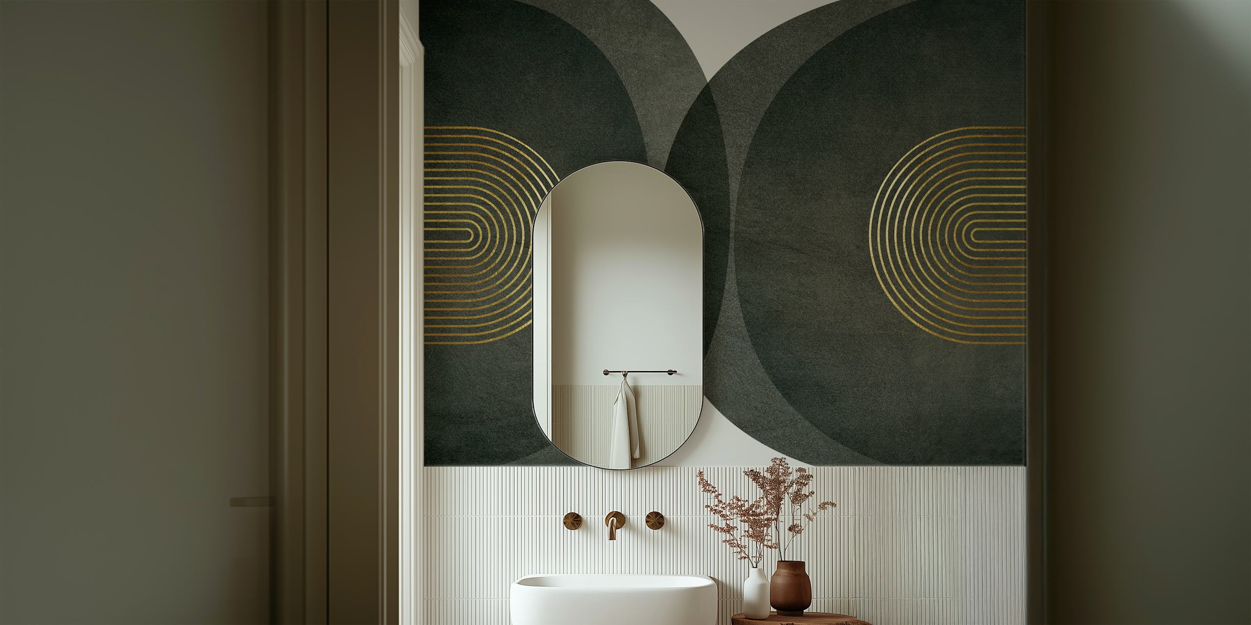 Mid Century Modern gold stripe pattern on dark gray wallpaper
