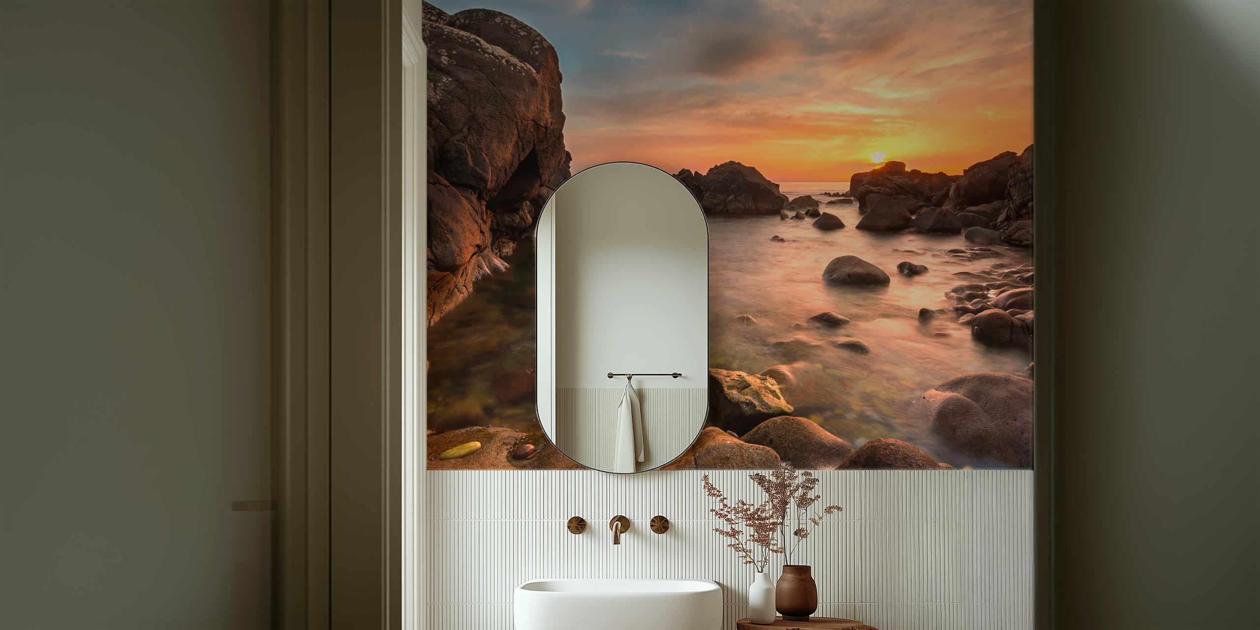 The beach with golden rocks papel de pared en una habitación