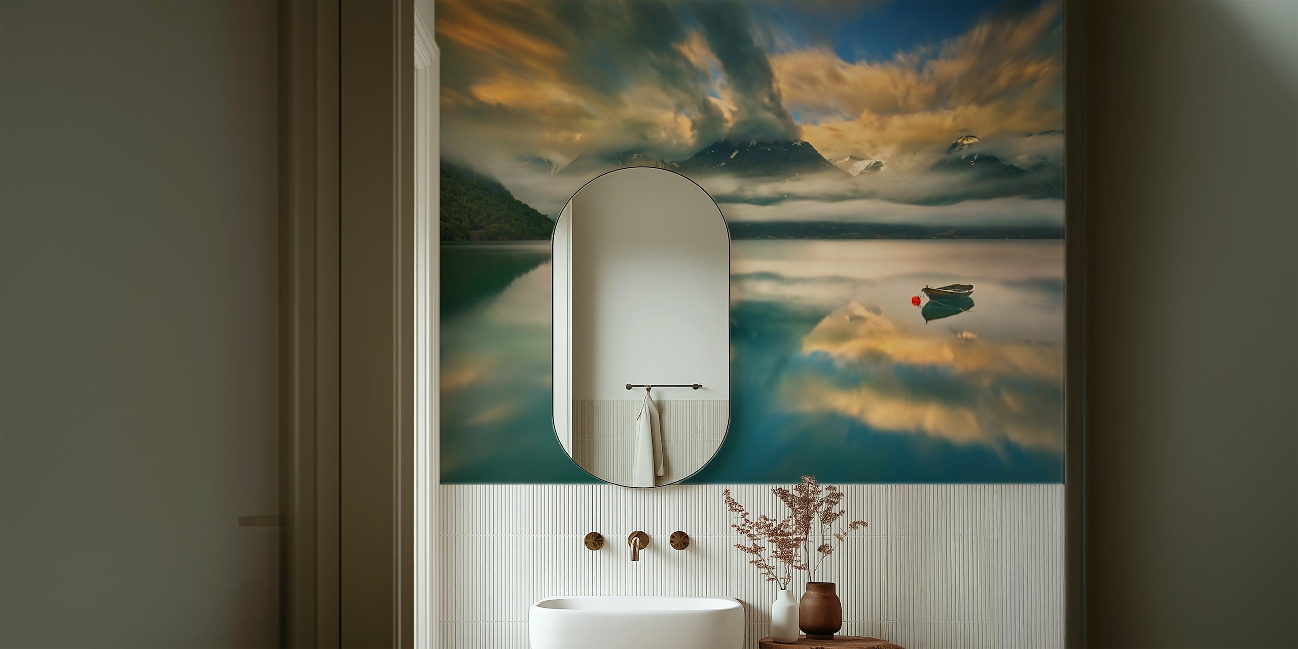 Mountain landscape wallpaper in a room