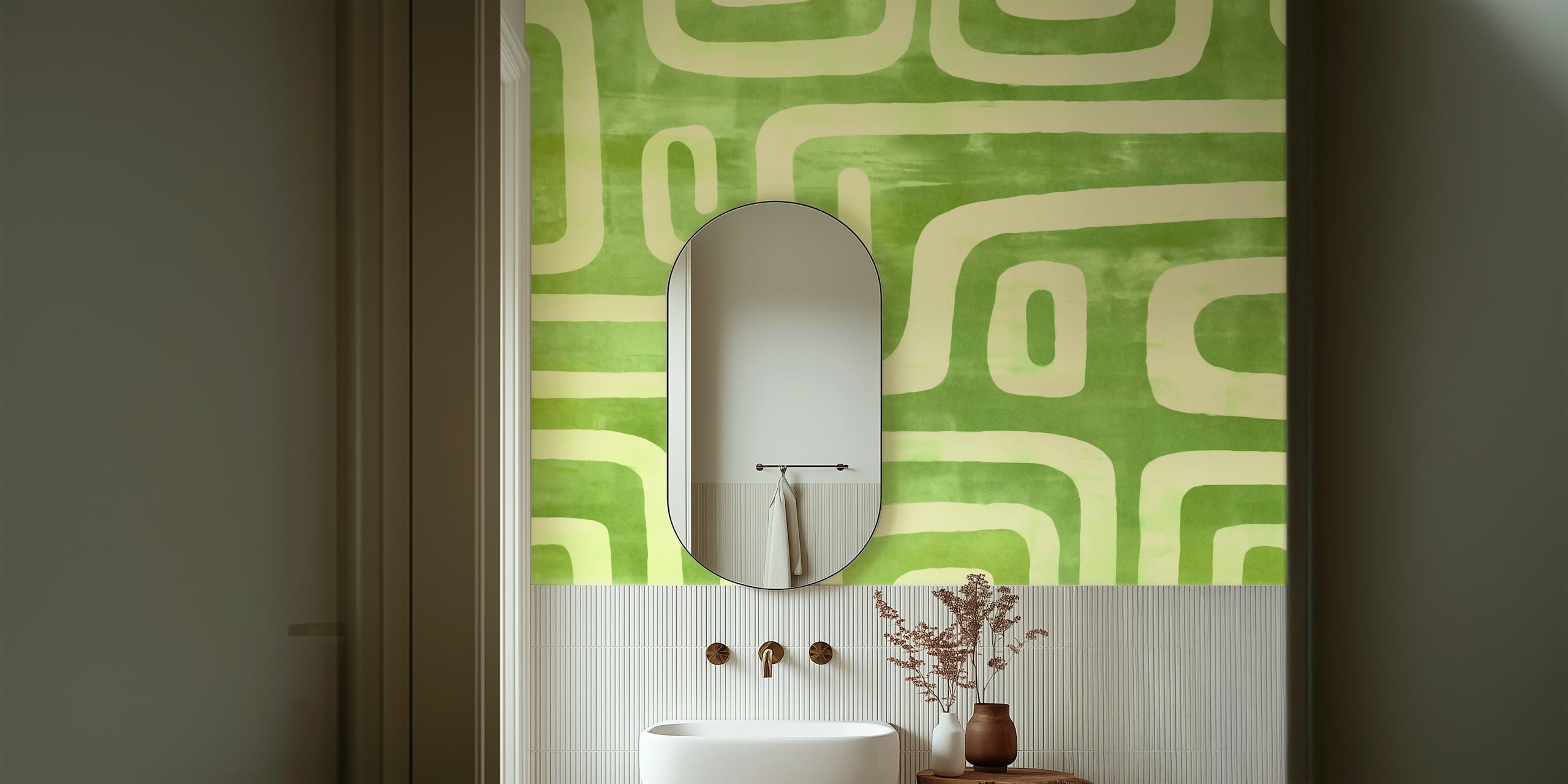 Green maze labyrinth wallpaper in a room