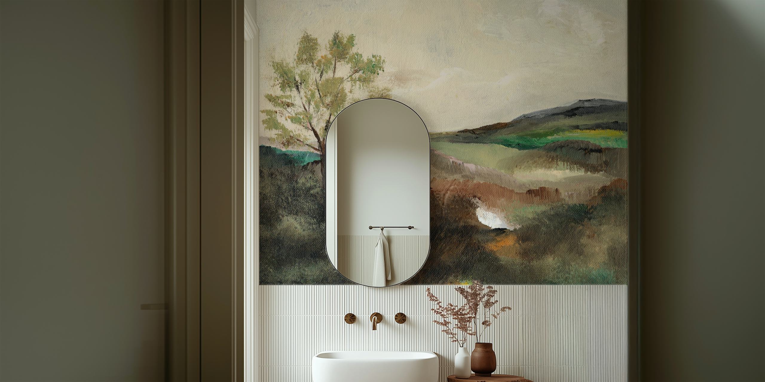 Landschaft mit Bäumen und Hügeln in sanften Grüntönen Tapete