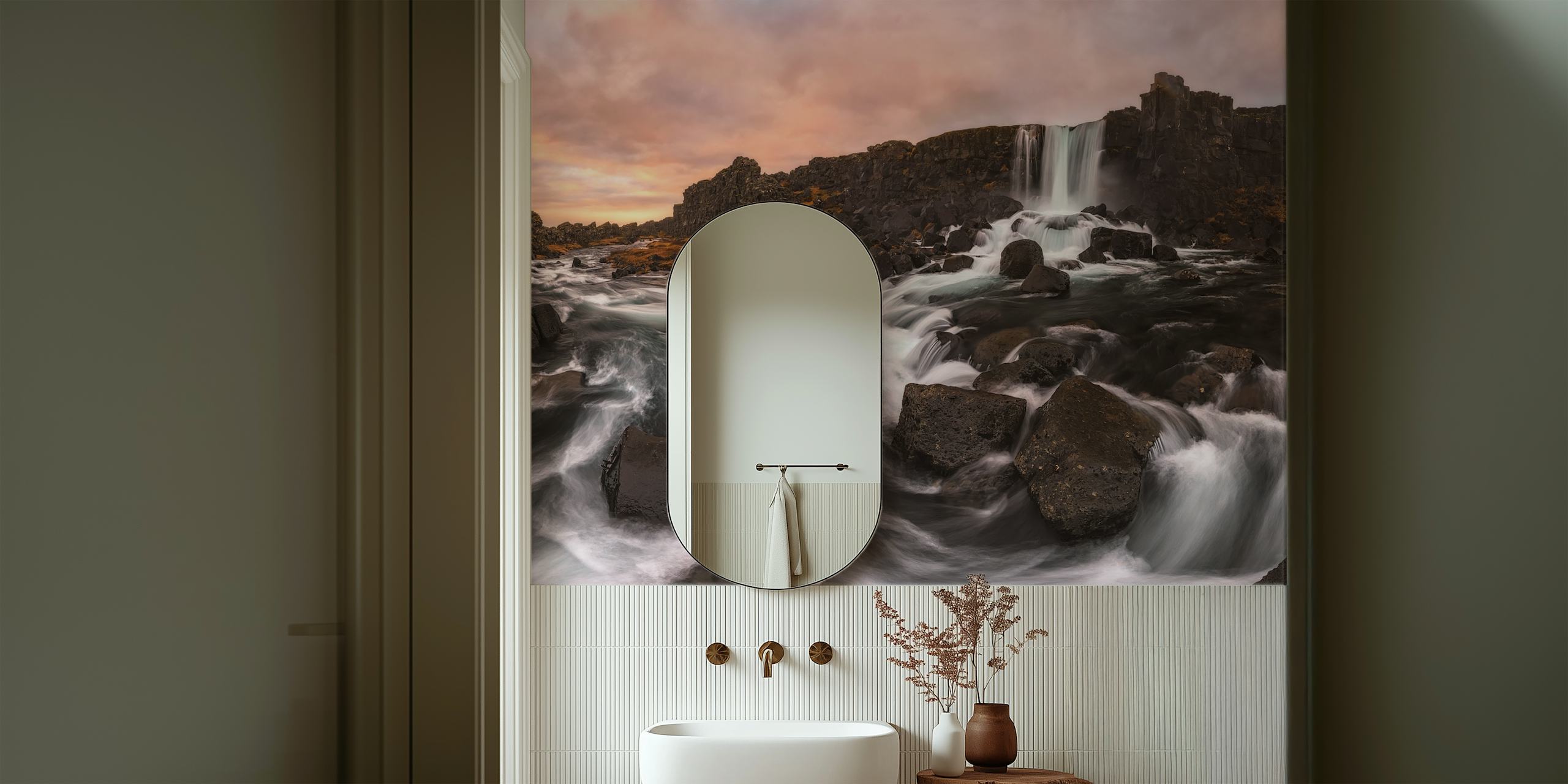 Wall mural of Oxararfoss waterfall with sunset hues