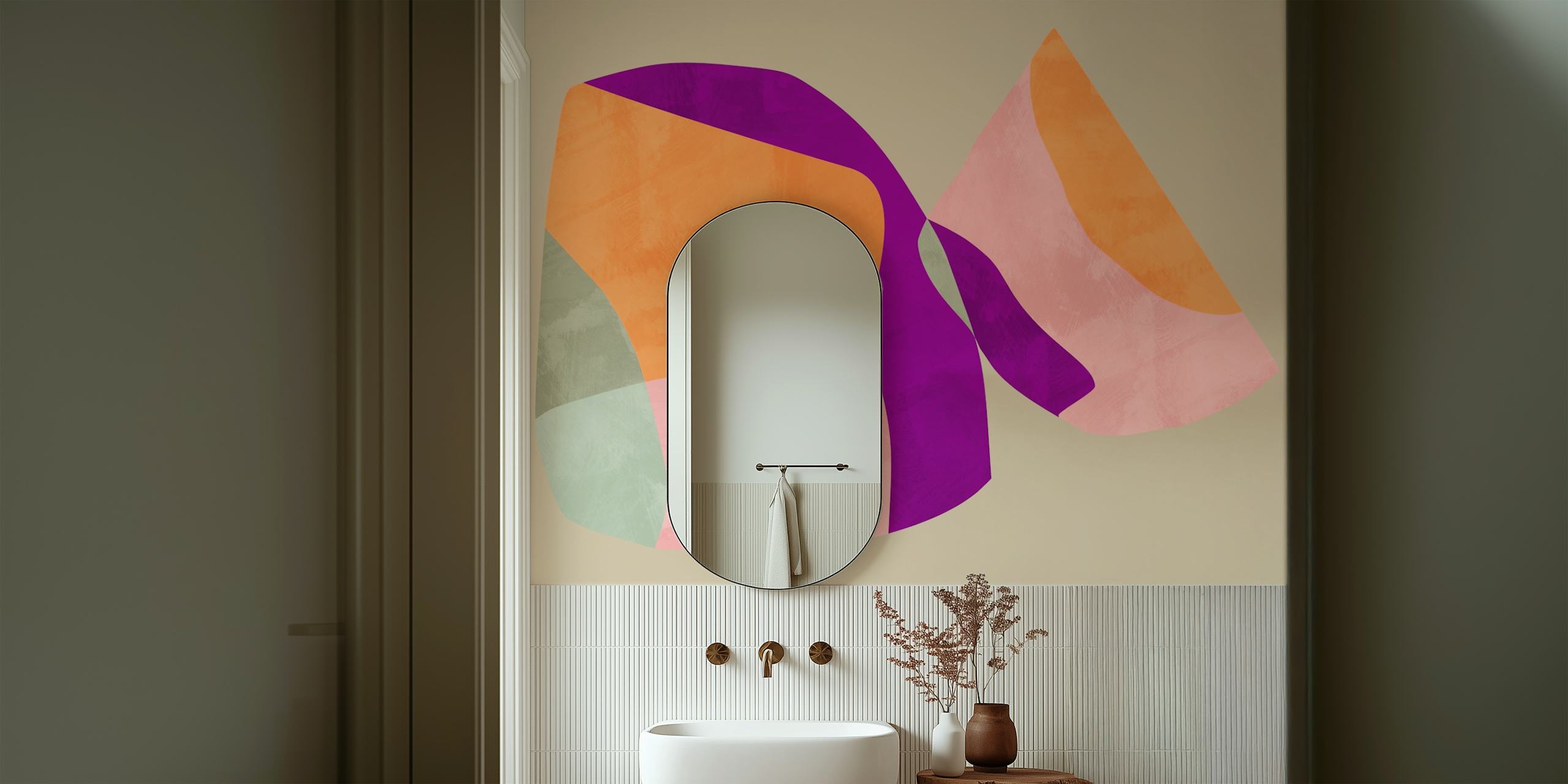 Colorful abstract shapes in orange, purple, and green wallpaper