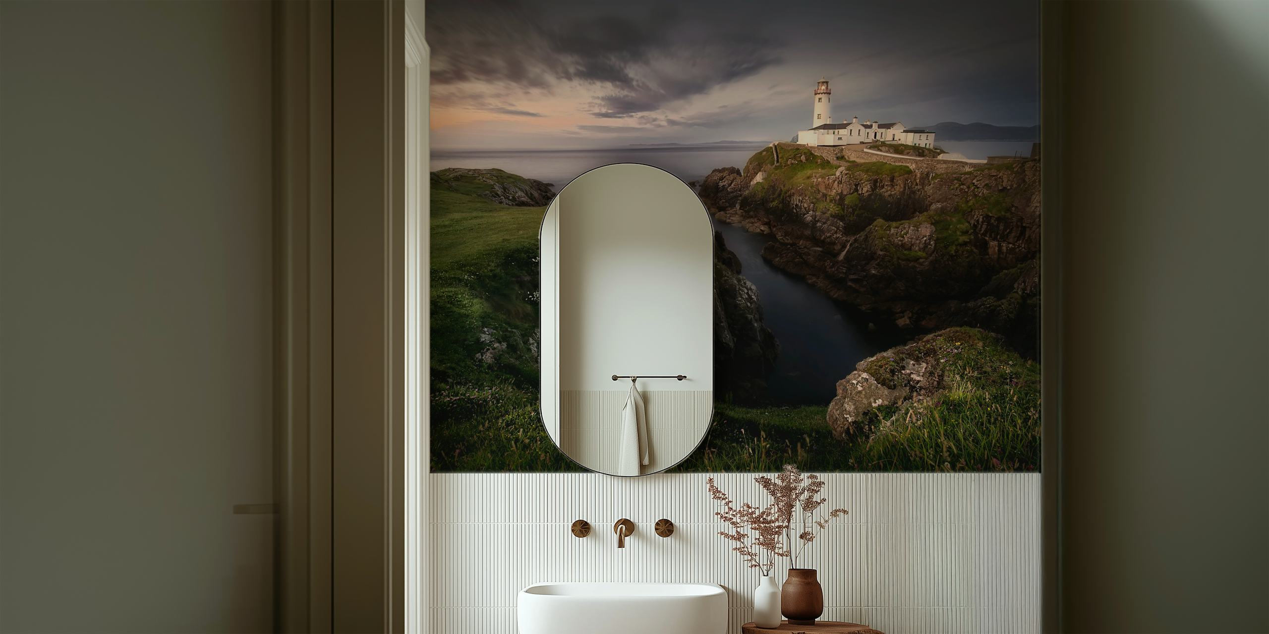 Coastal landscape with lighthouse on rocky cliffs wallpaper