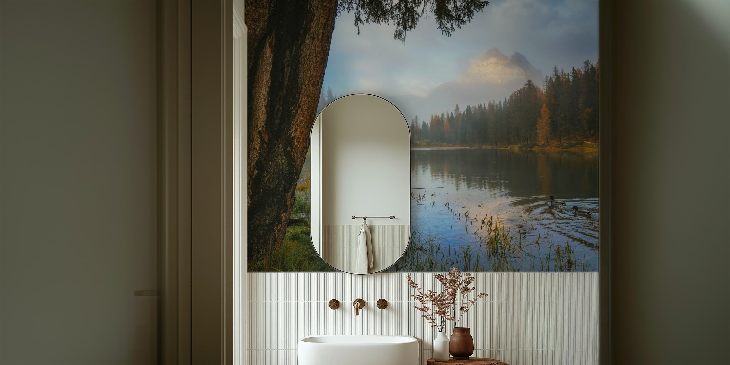 Tranquil mountain view wallpaper in een kamer