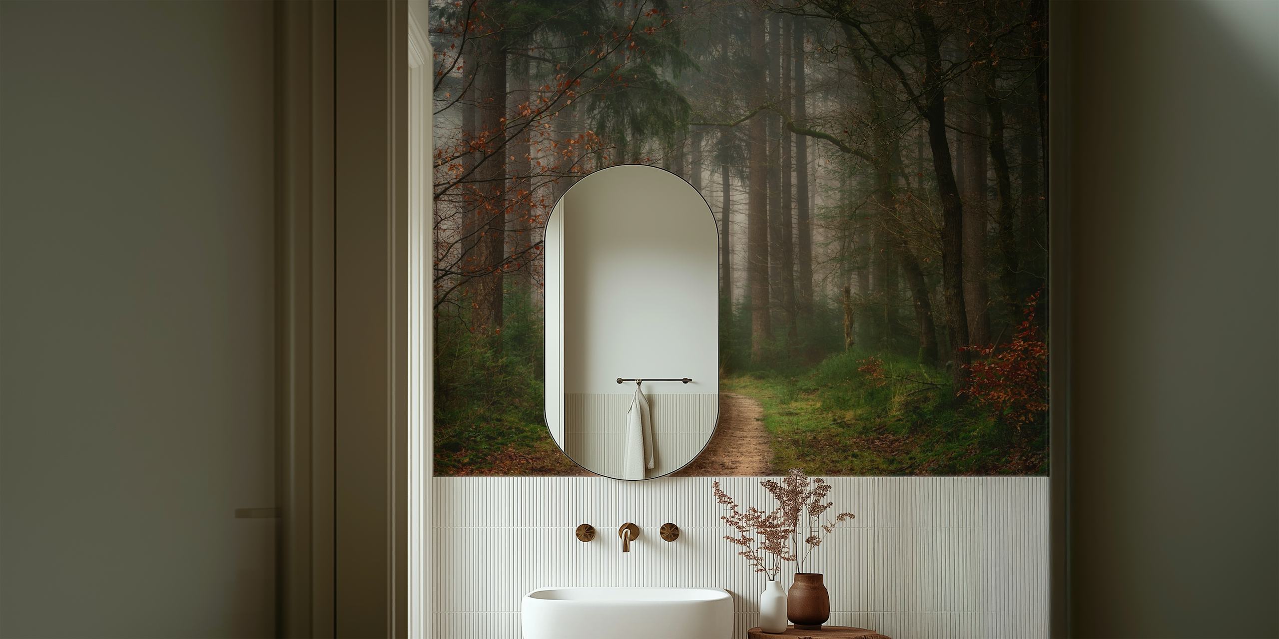 Misty forest path wall mural in a serene setting